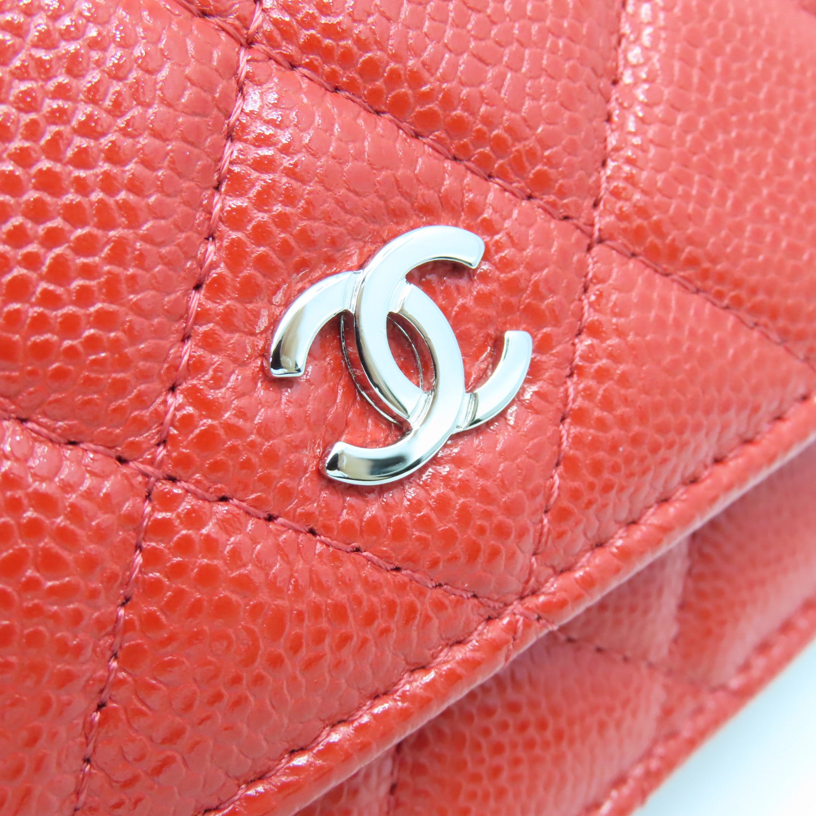 CHANEL 菱格Caviar皮革Wallet On Chain銀扣鏈帶肩背袋橙紅色