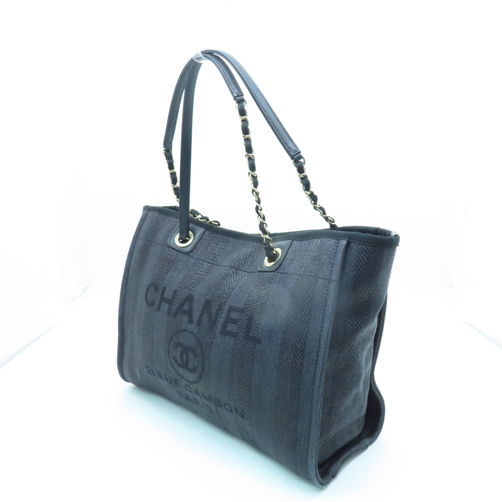 CHANEL 帆布Deauville Tote Bag金扣鏈帶肩背袋黑色
