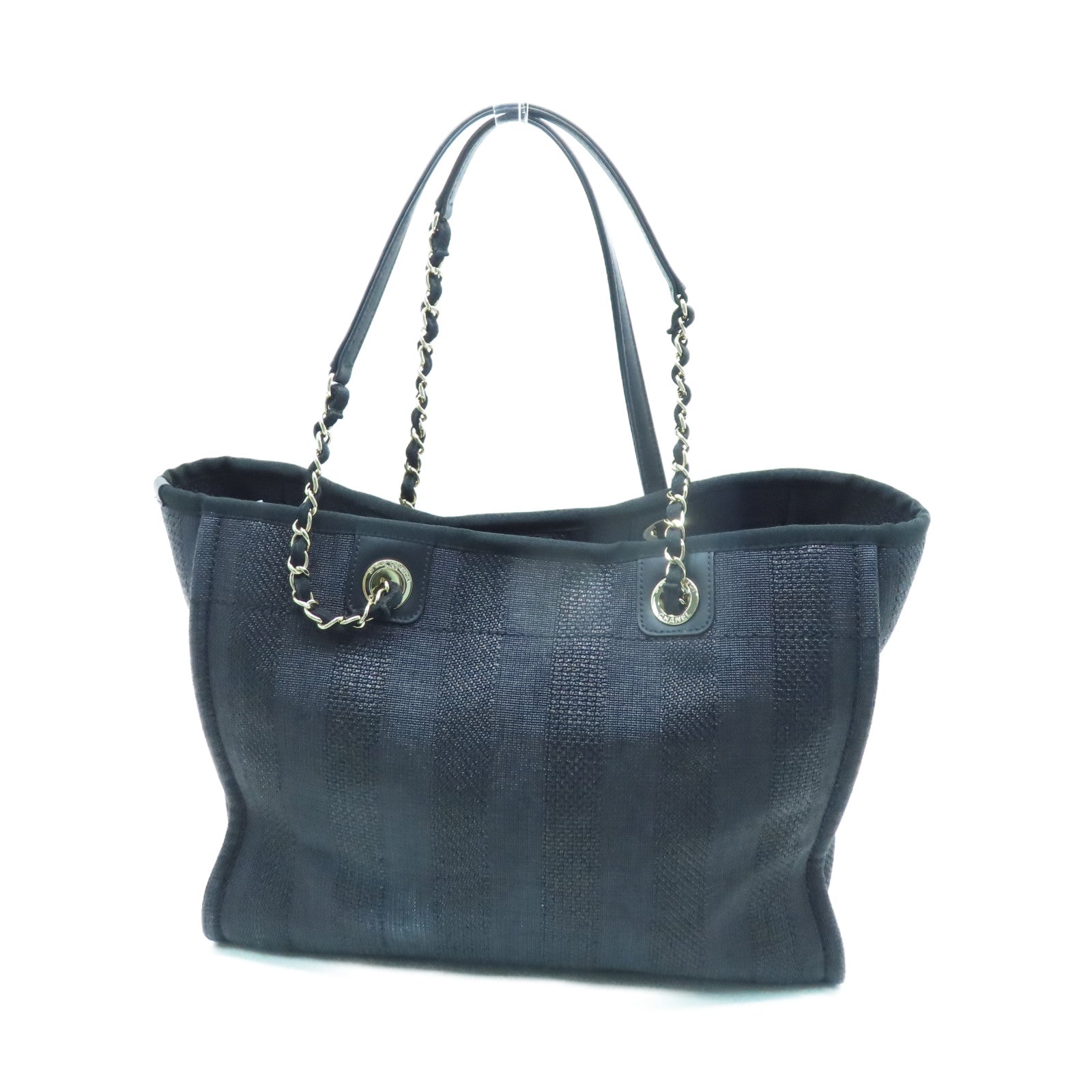 CHANEL 帆布Deauville Tote Bag金扣鏈帶肩背袋黑色