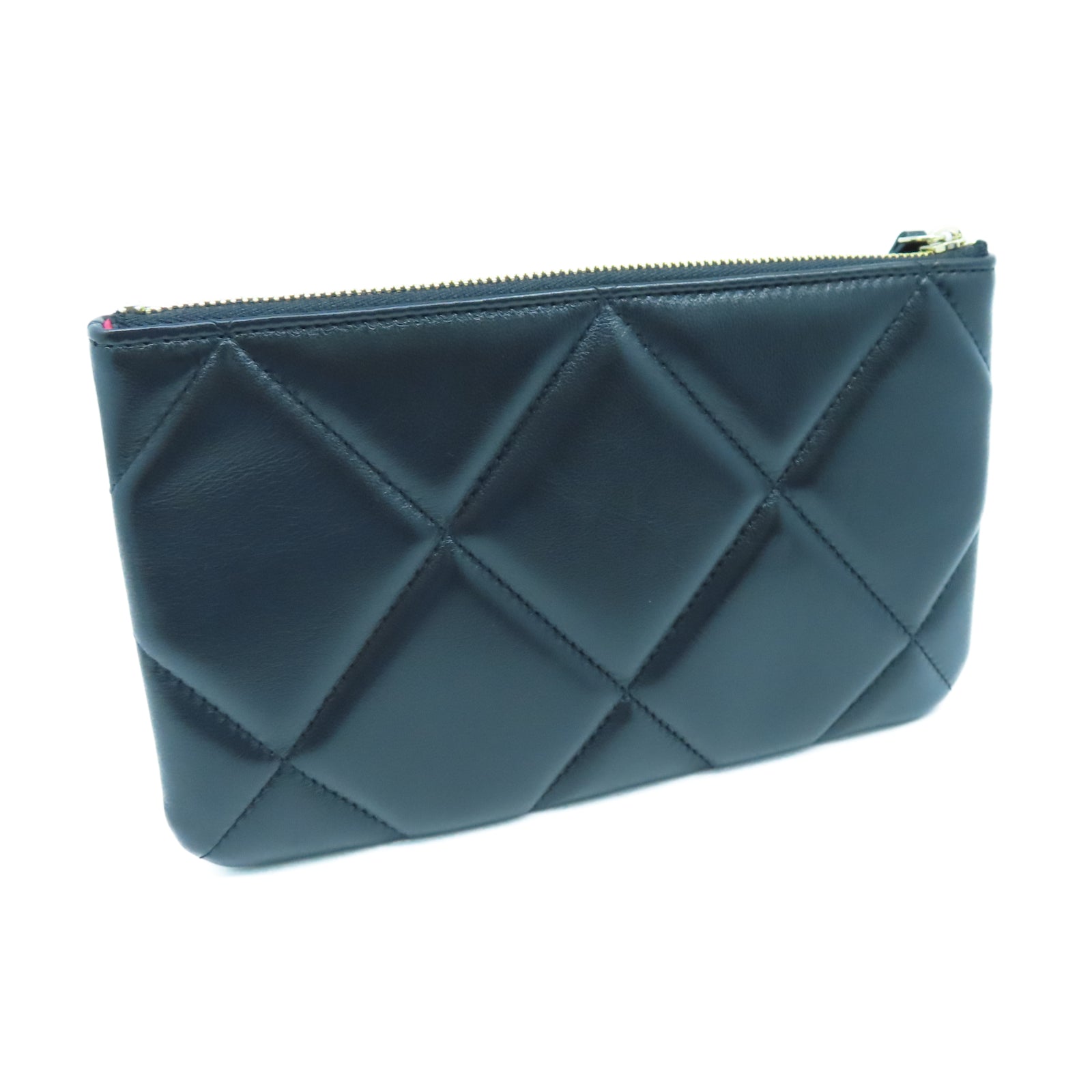CHANEL 菱格羊皮皮革Pouch Wallet金扣手拿包黑色