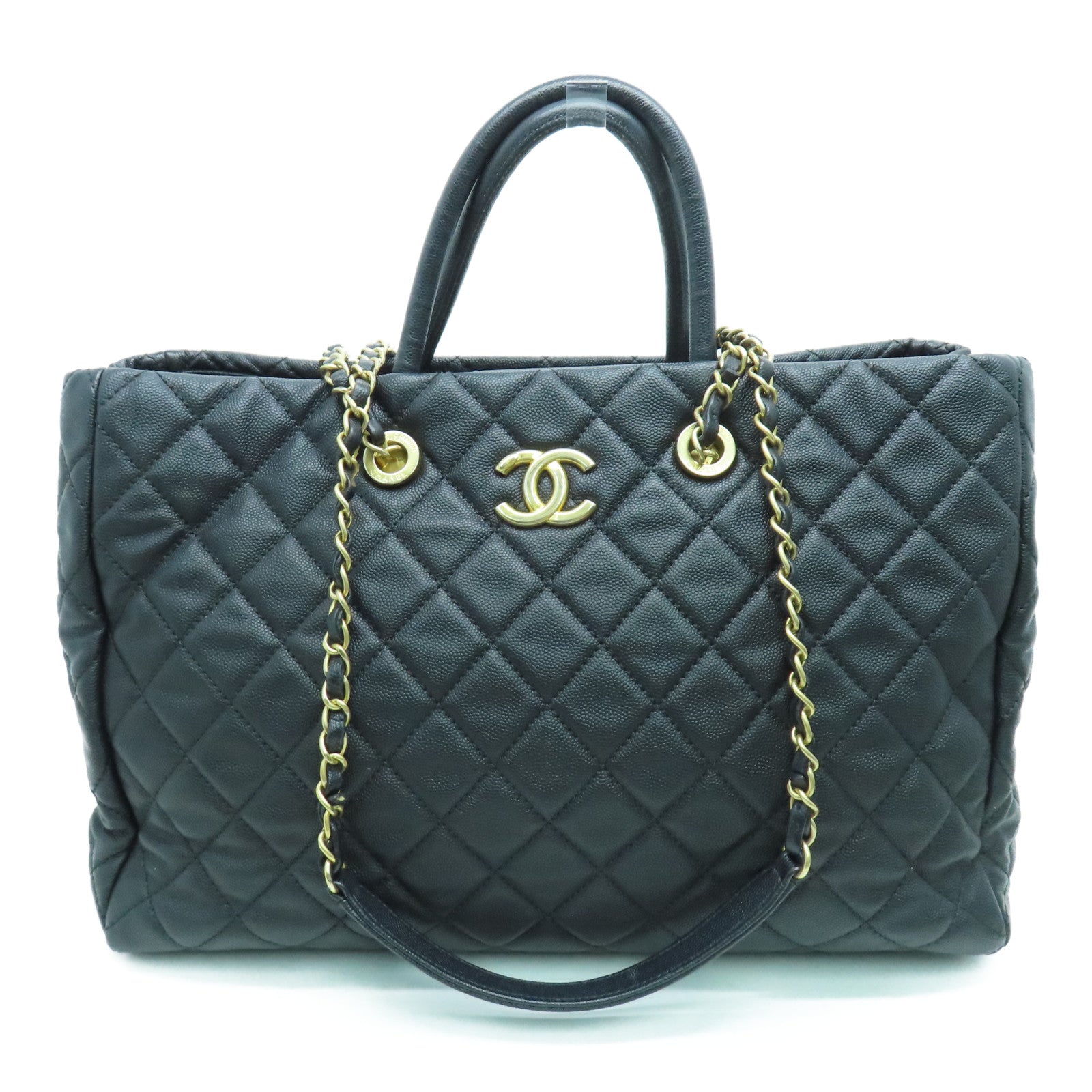CHANEL 菱格Caviar皮革Chain Shoulder Bag金扣手挽肩背两用袋黑色