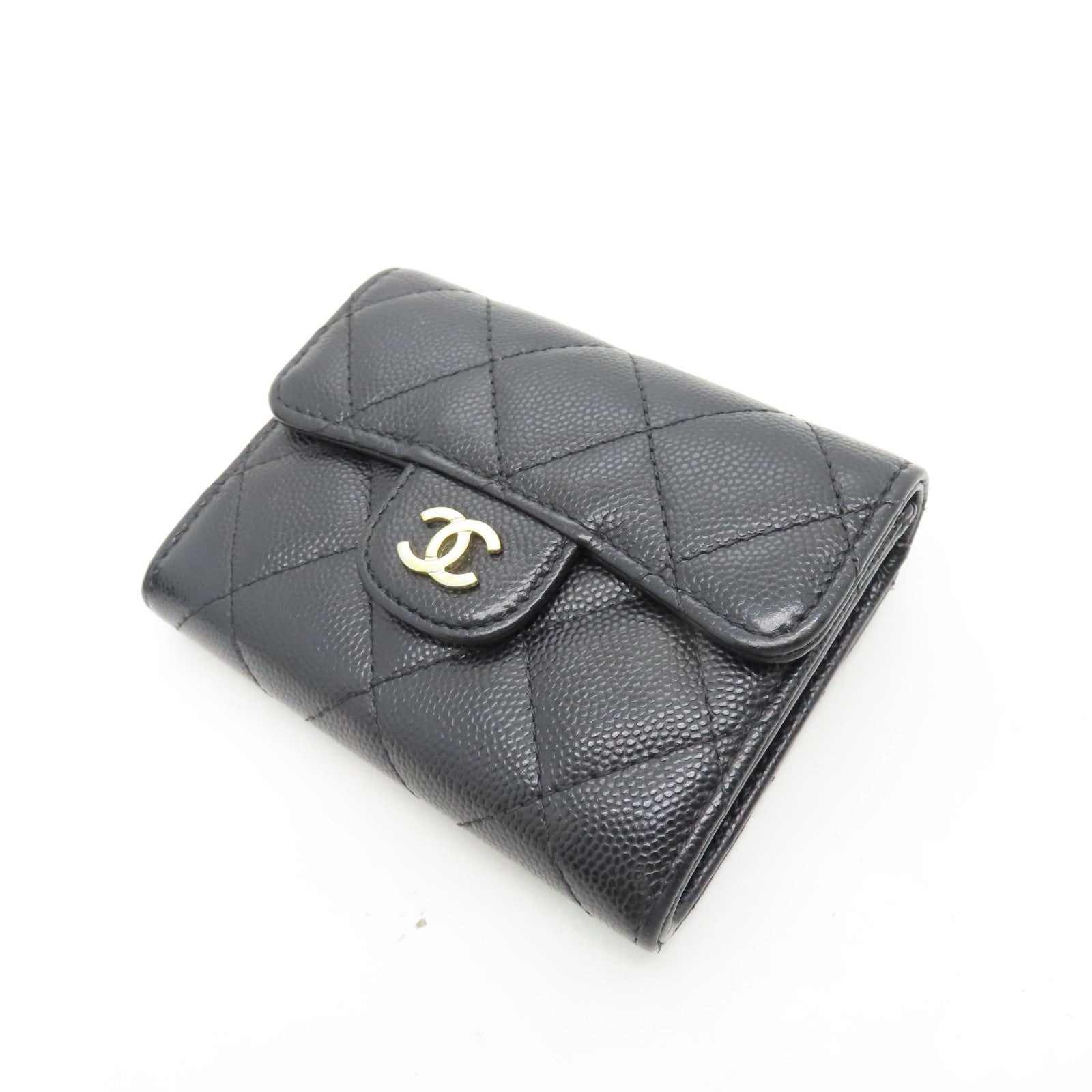 CHANEL rhombic cowhide leather Card Case gold buckle card bag black