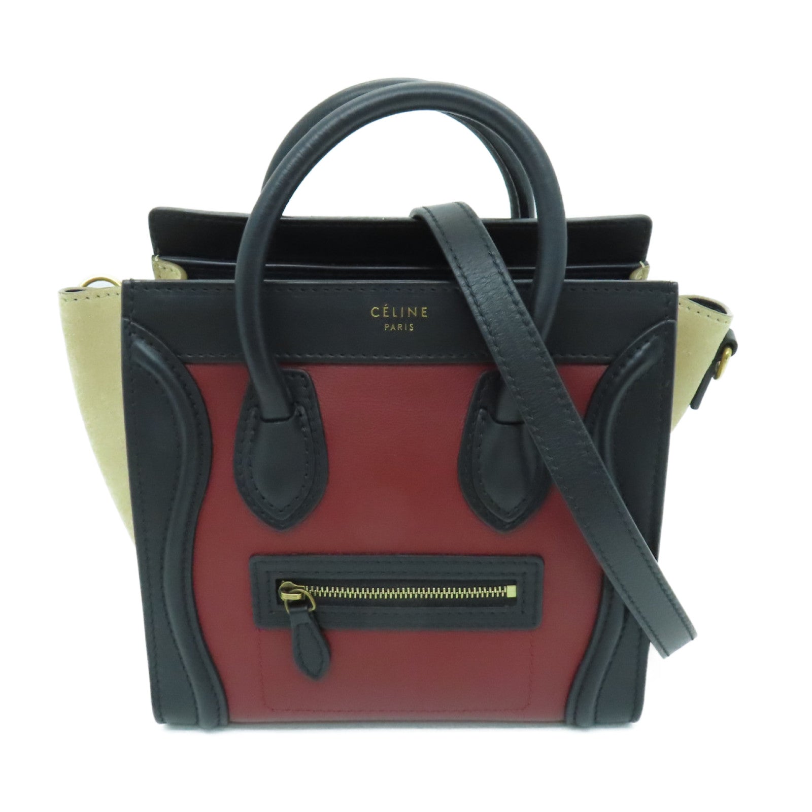 CELINE 牛皮皮革Nano金扣手挽肩背兩用袋黑色/米色/紅色