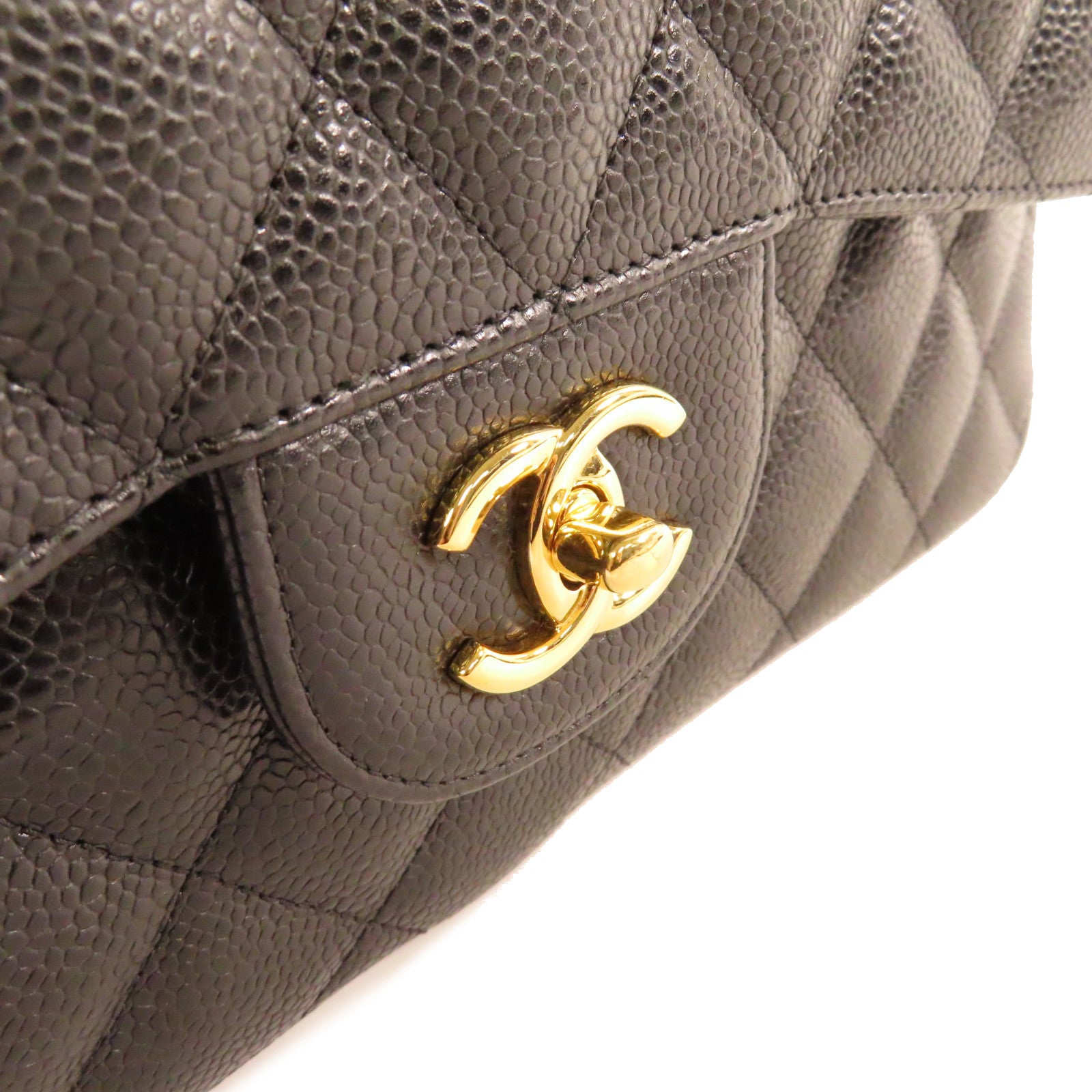 CHANEL 菱格Caviar皮革Jumbo 30 Chain Shoulder Bag金扣鏈帶肩背袋黑色