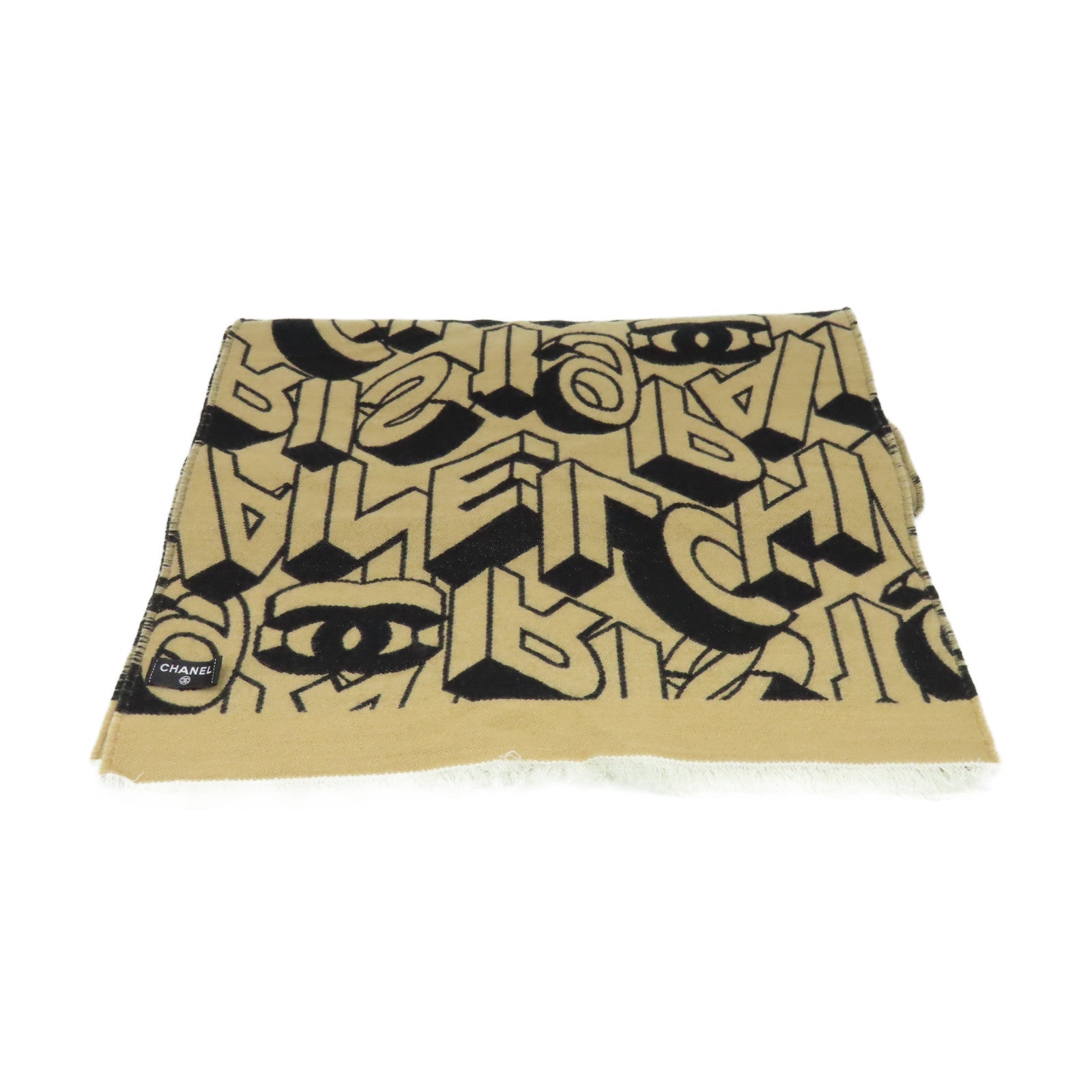 CHANEL 羊毛/絲質Scarf圍巾啡色/黑色