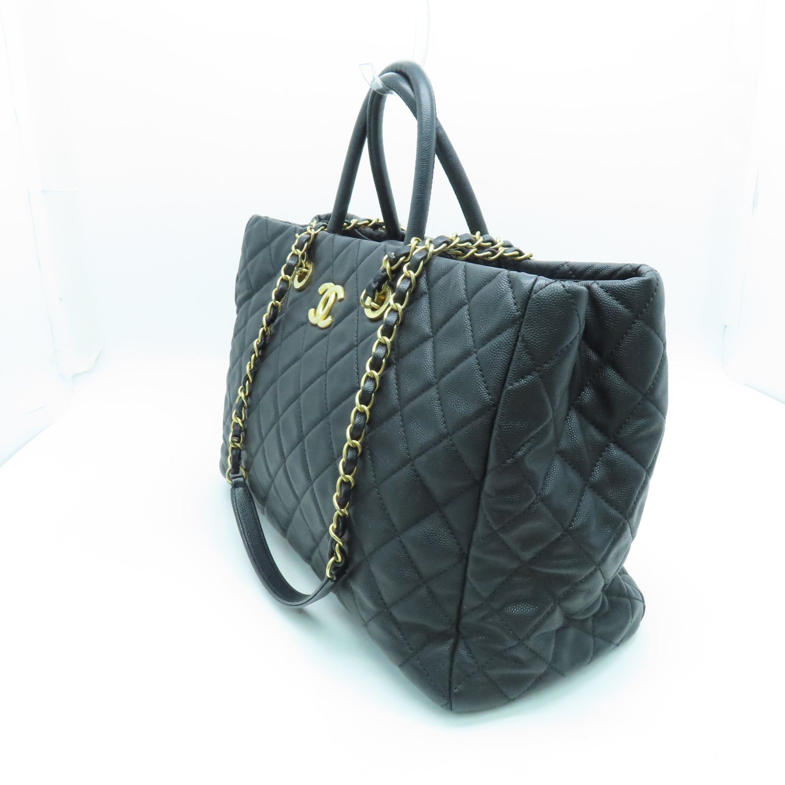 CHANEL 菱格Caviar皮革Chain Shoulder Bag金扣手挽肩背两用袋黑色