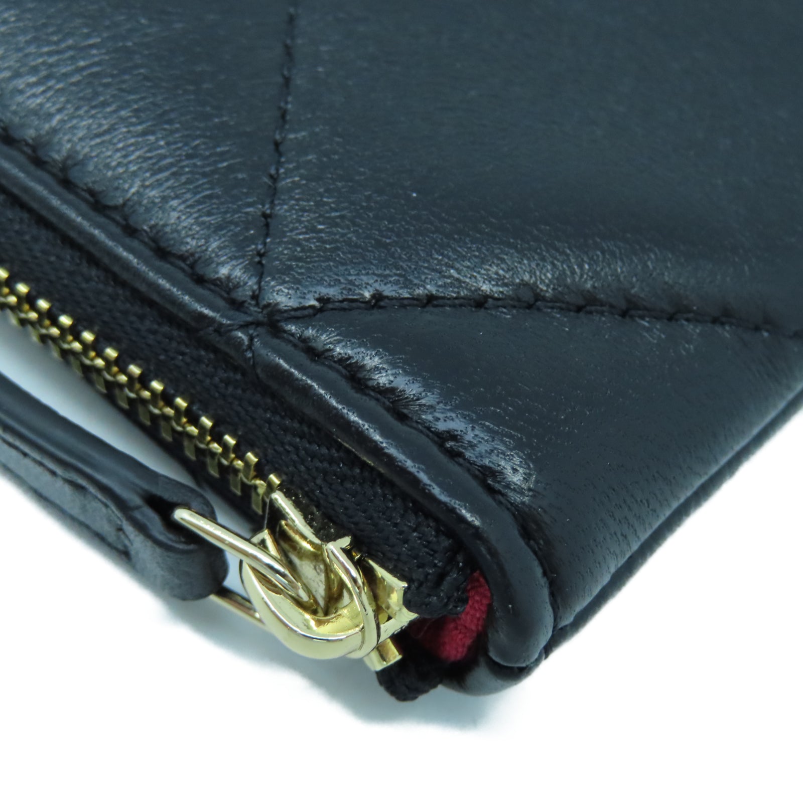 CHANEL 菱格羊皮皮革Pouch Wallet金扣手拿包黑色
