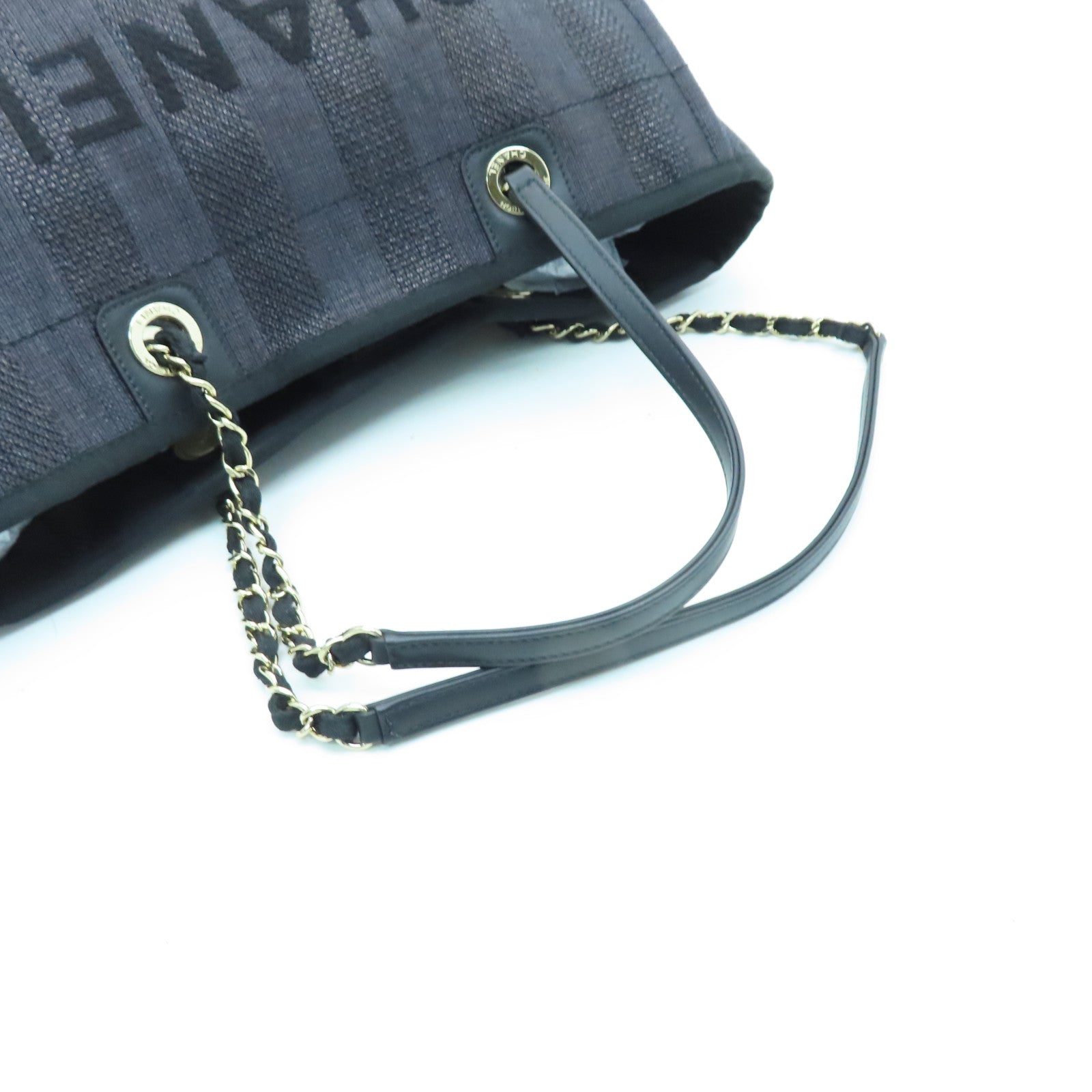CHANEL 帆布Deauville Tote Bag金扣鏈帶肩背袋黑色