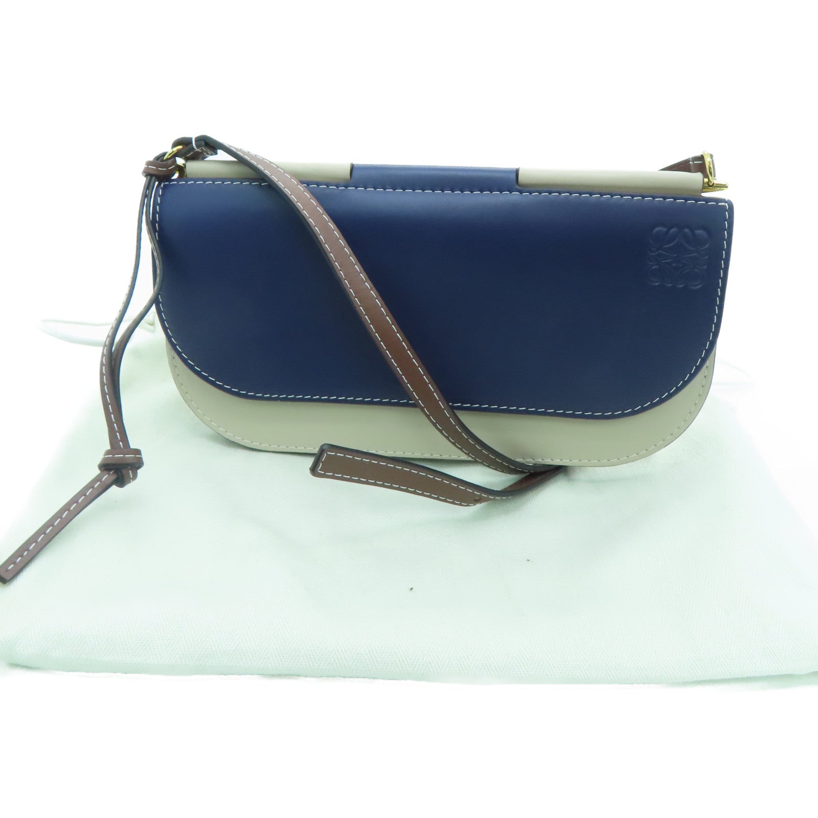 LOEWE 牛皮皮革Shoulder Bag金扣肩背袋蓝色米色