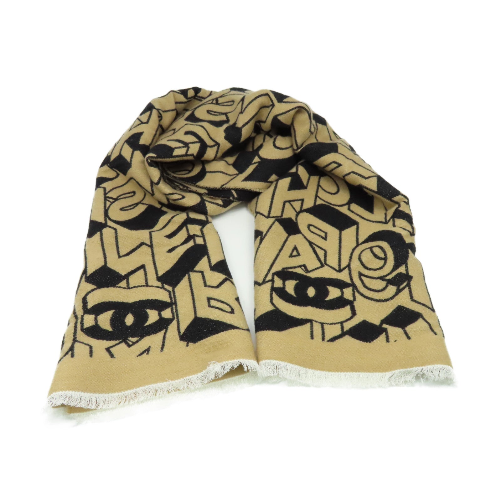 CHANEL 羊毛/絲質Scarf圍巾啡色/黑色
