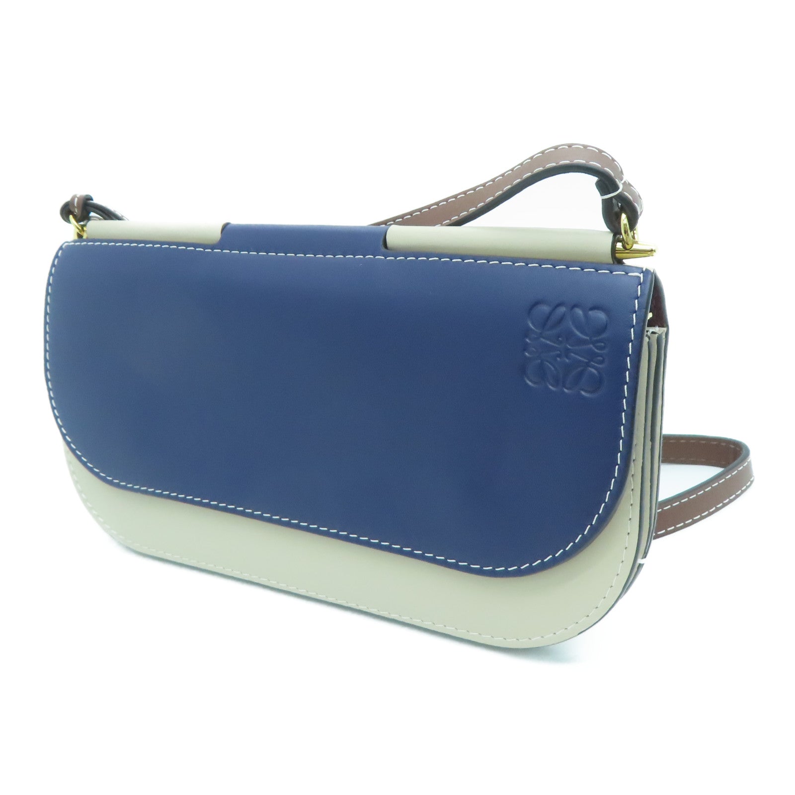 LOEWE 牛皮皮革Shoulder Bag金扣肩背袋蓝色米色