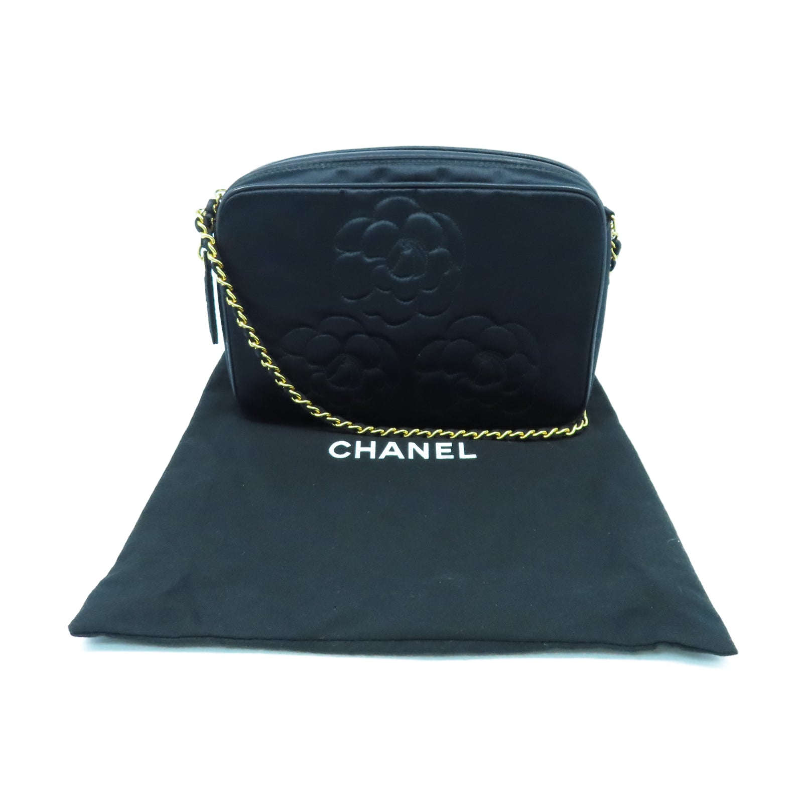 CHANEL 帆布Chain Shoulder金扣鏈帶肩背袋黑色