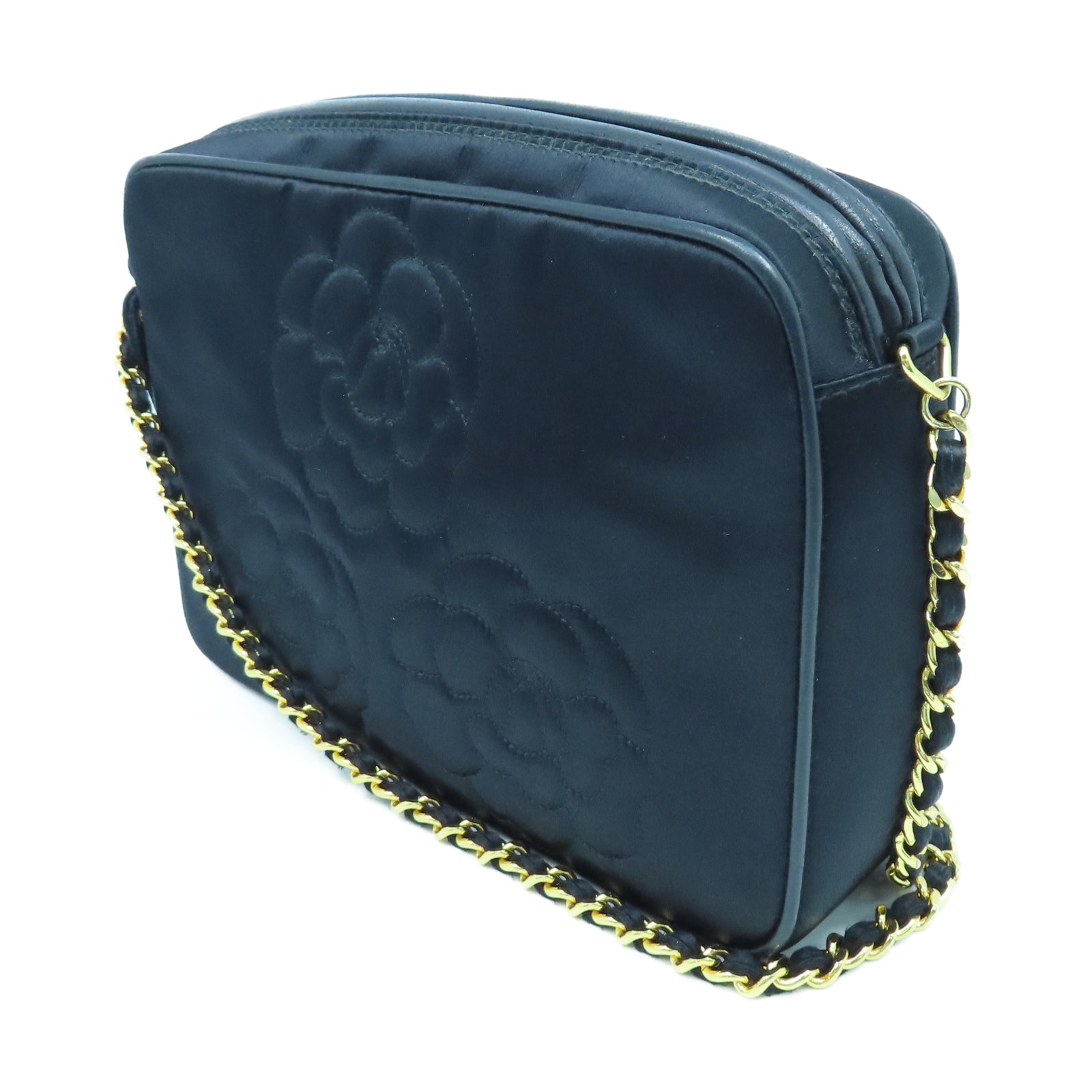 CHANEL 帆布Chain Shoulder金扣鏈帶肩背袋黑色