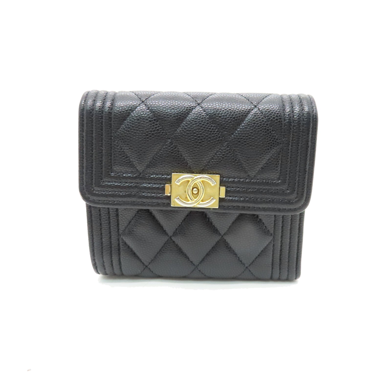 CHANEL rhombic cowhide leather Boy Wallet gold buckle wallet black