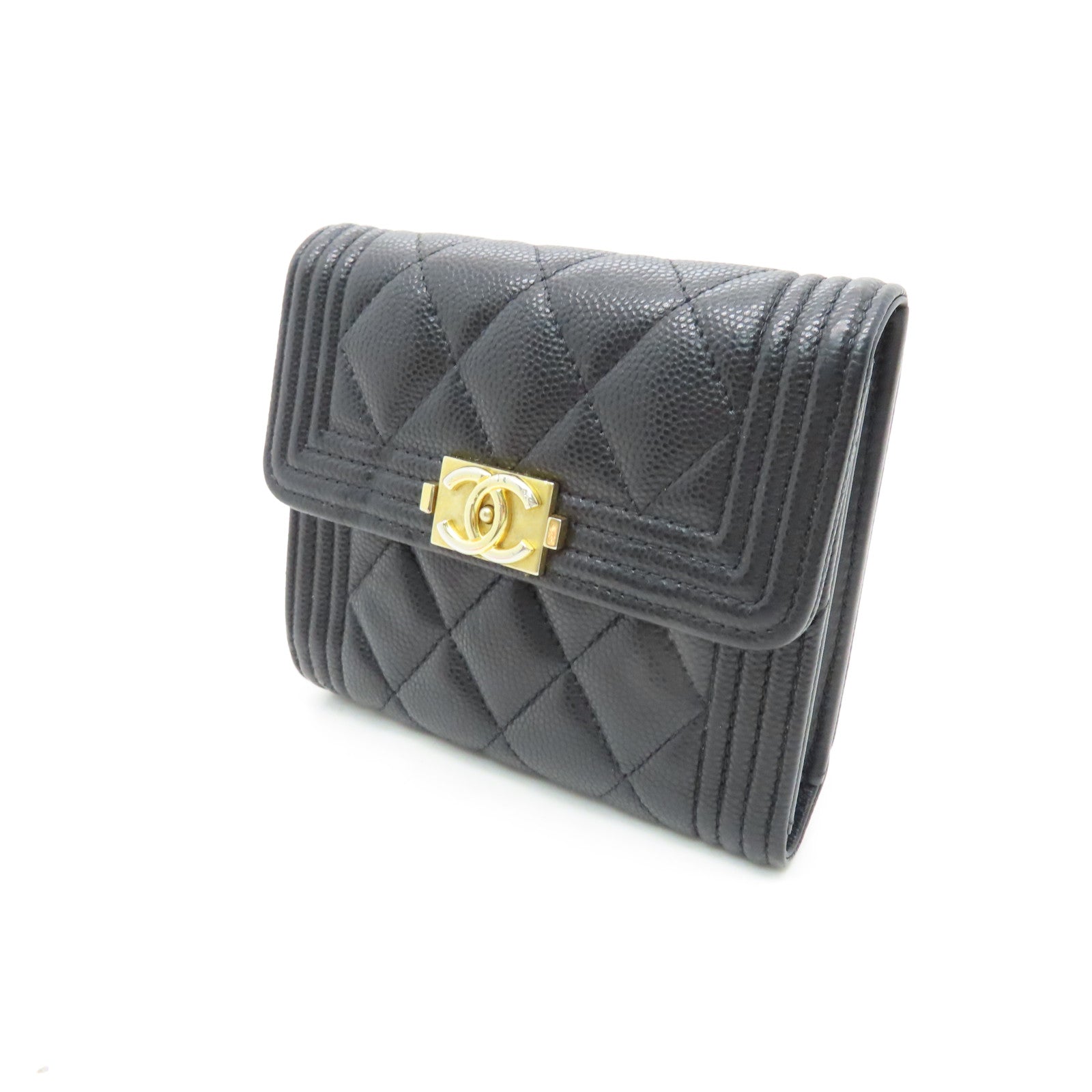 CHANEL rhombic cowhide leather Boy Wallet gold buckle wallet black