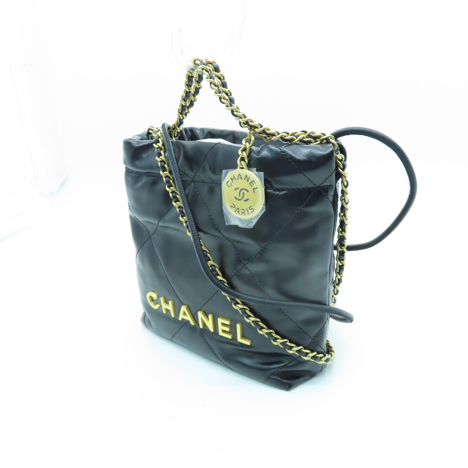 CHANEL 菱格羊皮皮革Mini 22金扣鏈帶肩背袋黑色