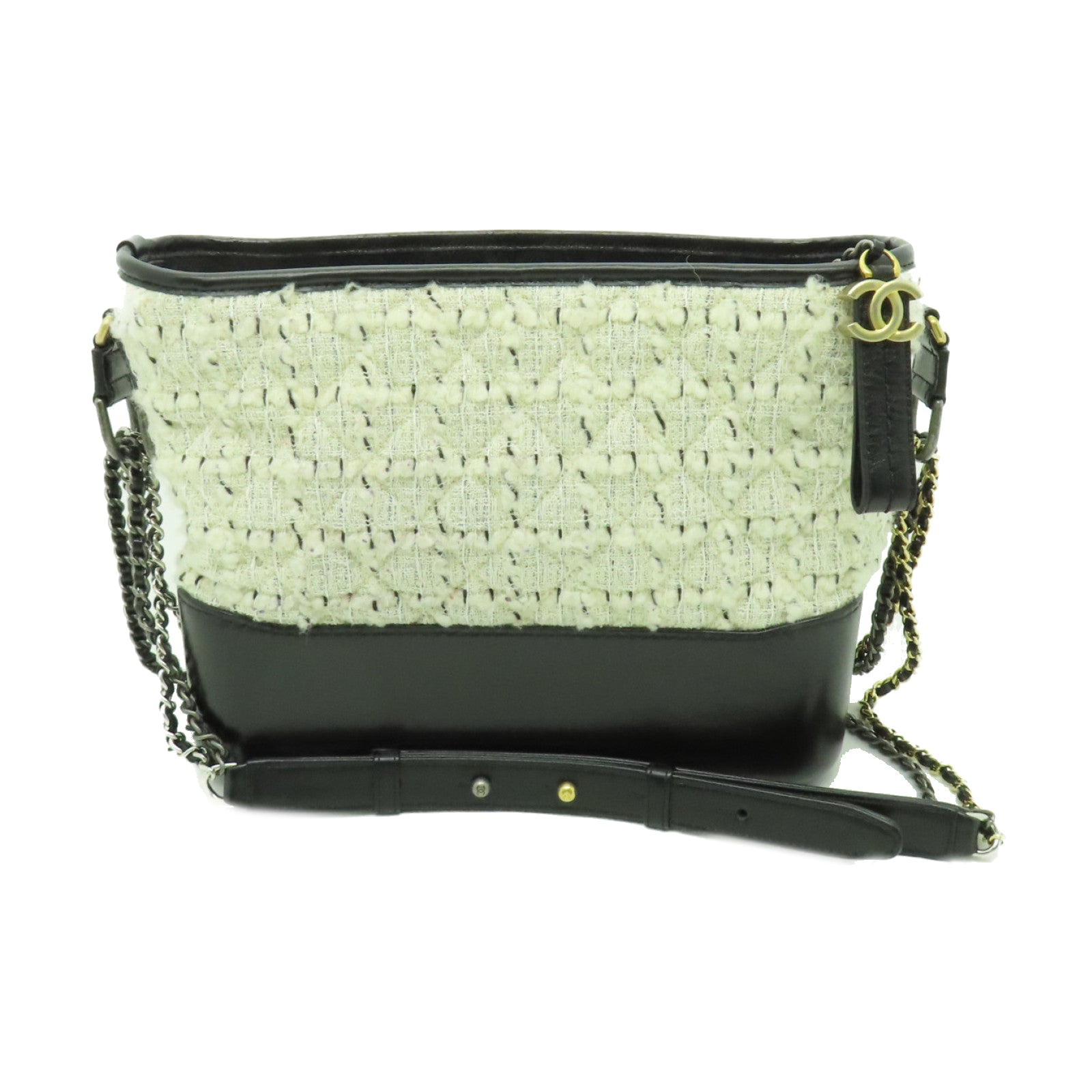 CHANEL 【激減優惠】斜紋軟呢Gabrielle Hobo金扣/銀扣鏈帶肩背袋白色/黒色