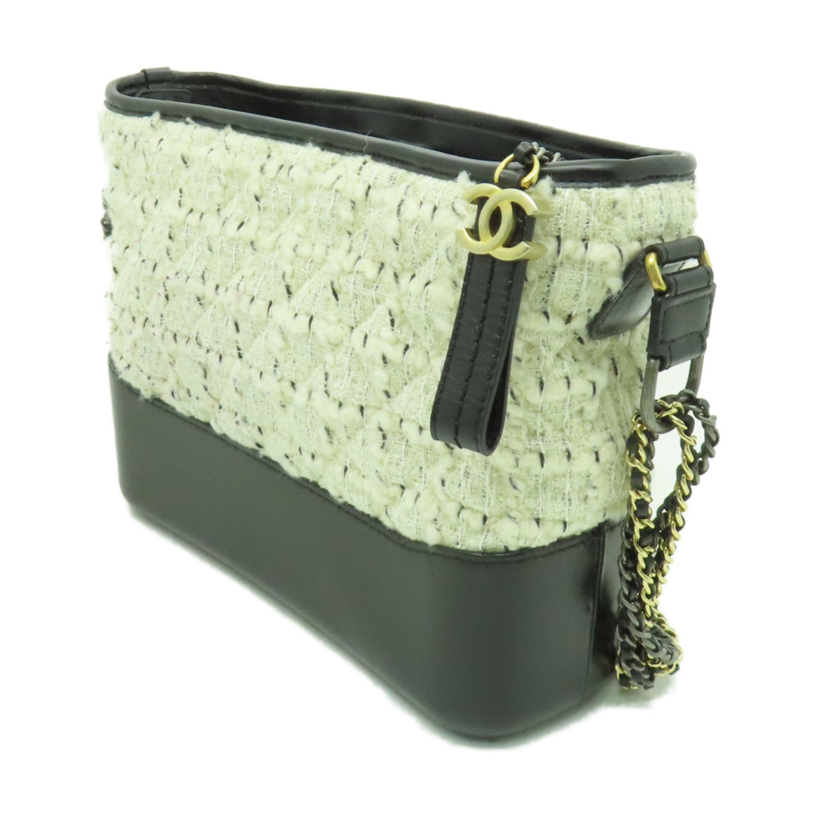 CHANEL 【激減優惠】斜紋軟呢Gabrielle Hobo金扣/銀扣鏈帶肩背袋白色/黒色