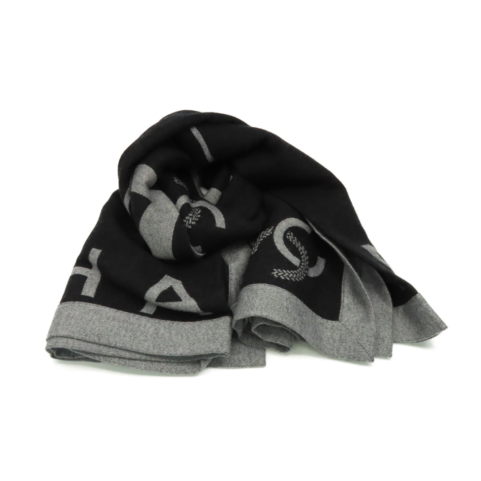 CHANEL 羊毛/絲質Scarf圍巾灰色/黑色