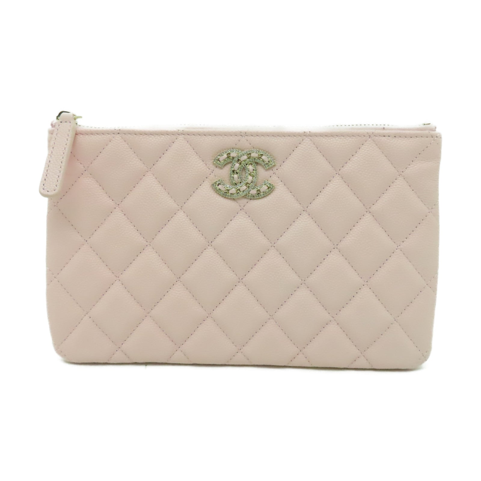 CHANEL 菱格Caviar皮革Clutch Bag金扣手拿包粉紅色