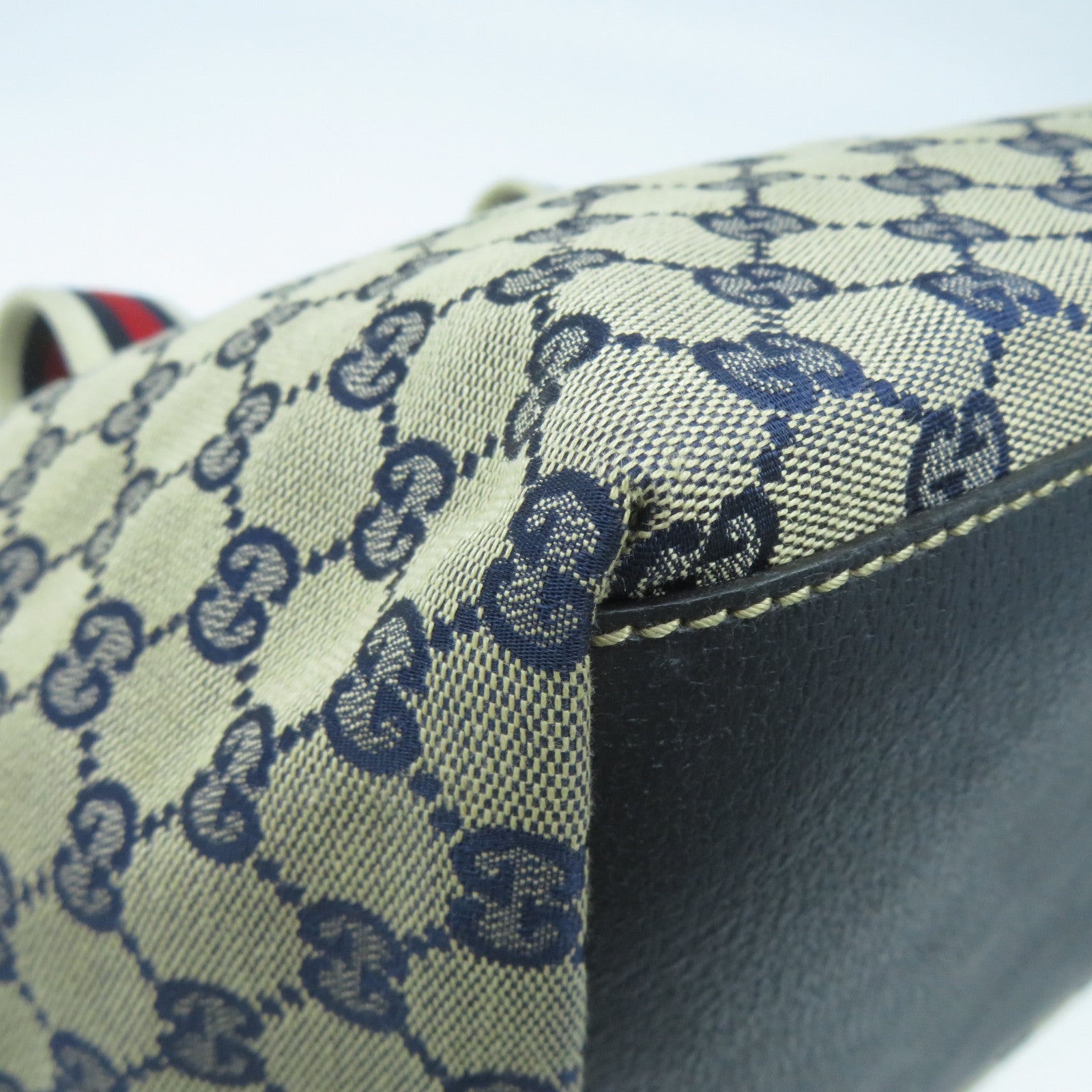 GUCCI 帆布Tote Bag銀扣肩背袋米色/藍色