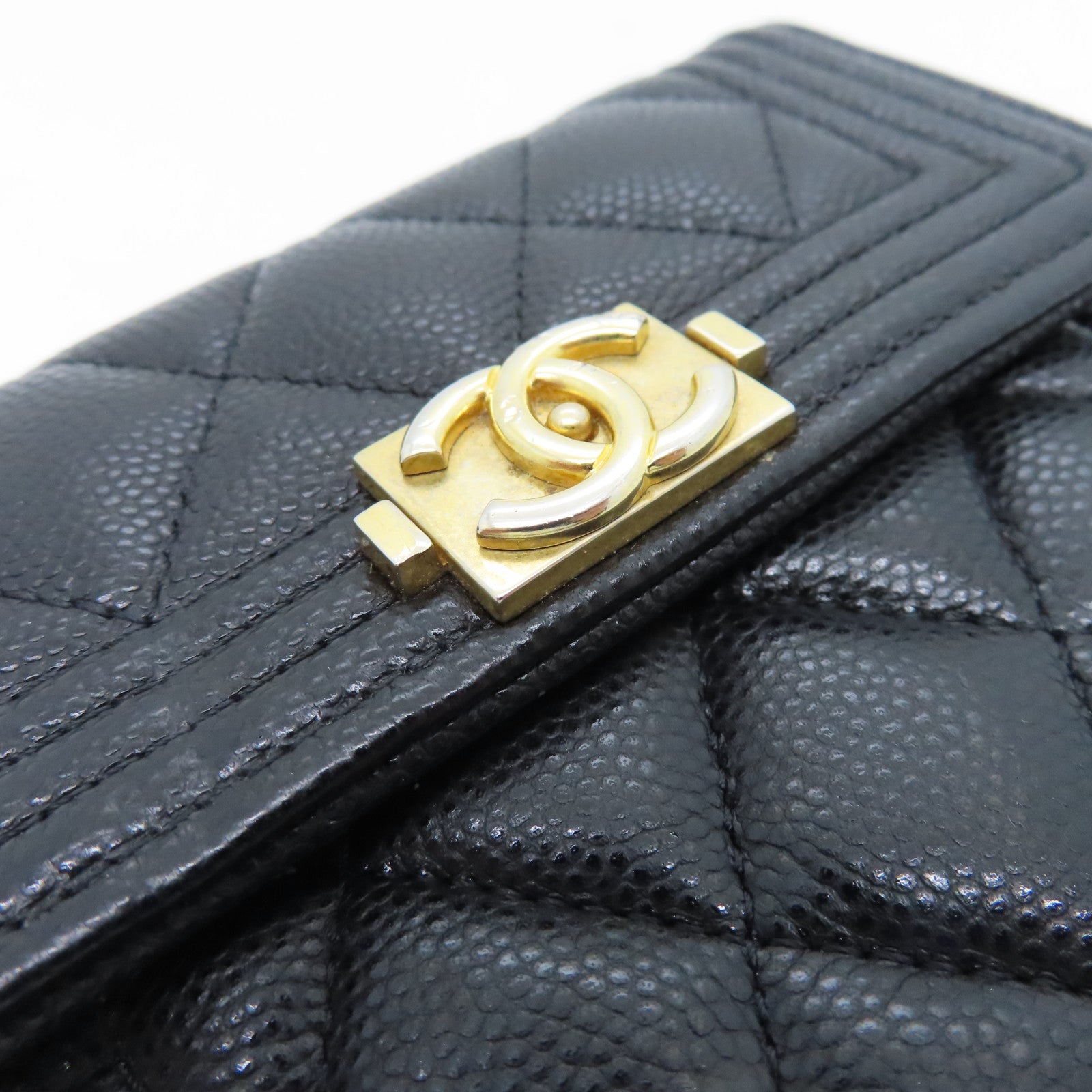 CHANEL rhombic cowhide leather Boy Wallet gold buckle wallet black