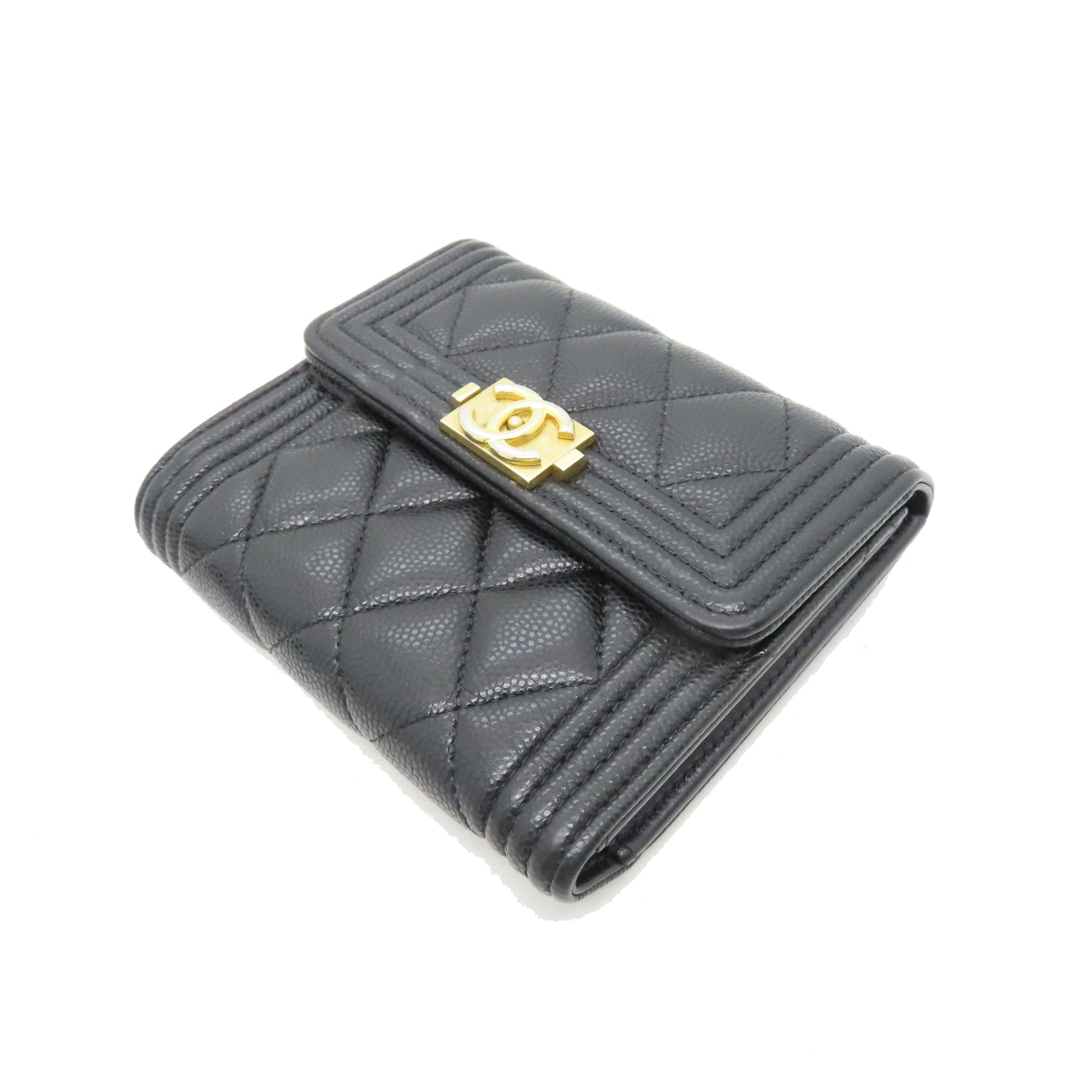 CHANEL rhombic cowhide leather Boy Wallet gold buckle wallet black