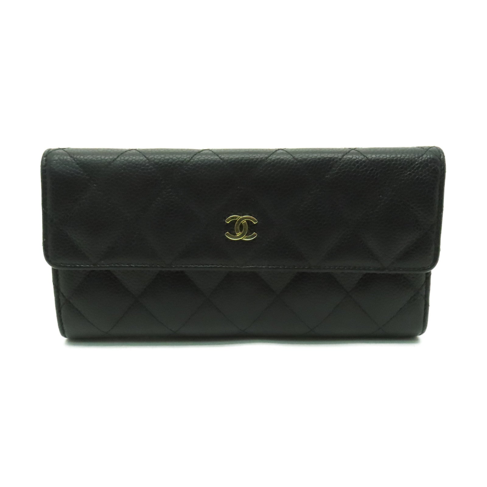CHANEL 菱格Caviar皮革Long Wallet金扣長錢包黑色