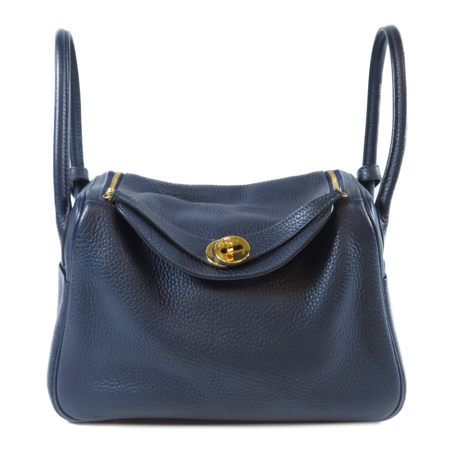 HERMES Clemence皮革Lindy 26金扣手挽肩背兩用袋Bleu Nuit午夜藍色