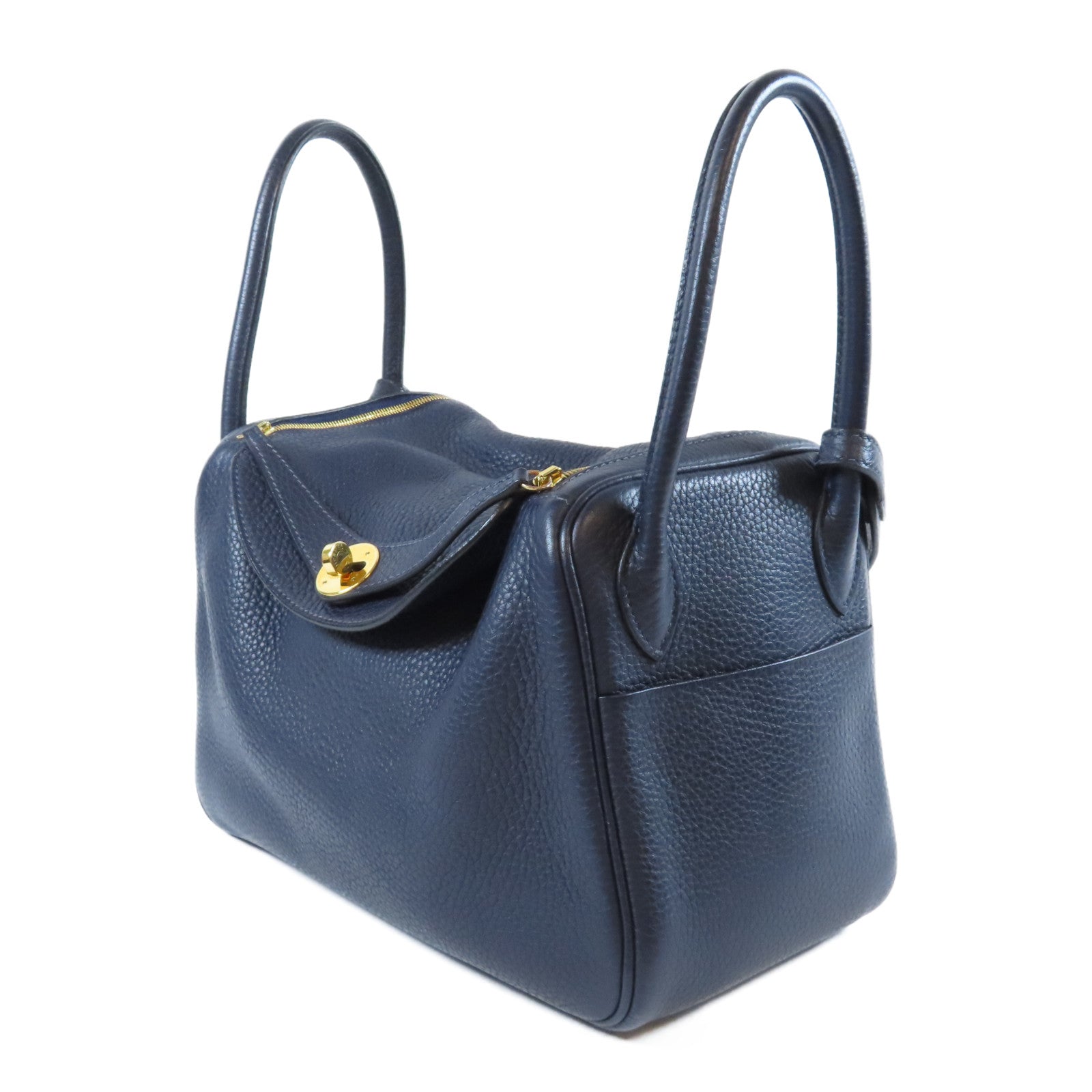 HERMES Clemence皮革Lindy 26金扣手挽肩背兩用袋Bleu Nuit午夜藍色