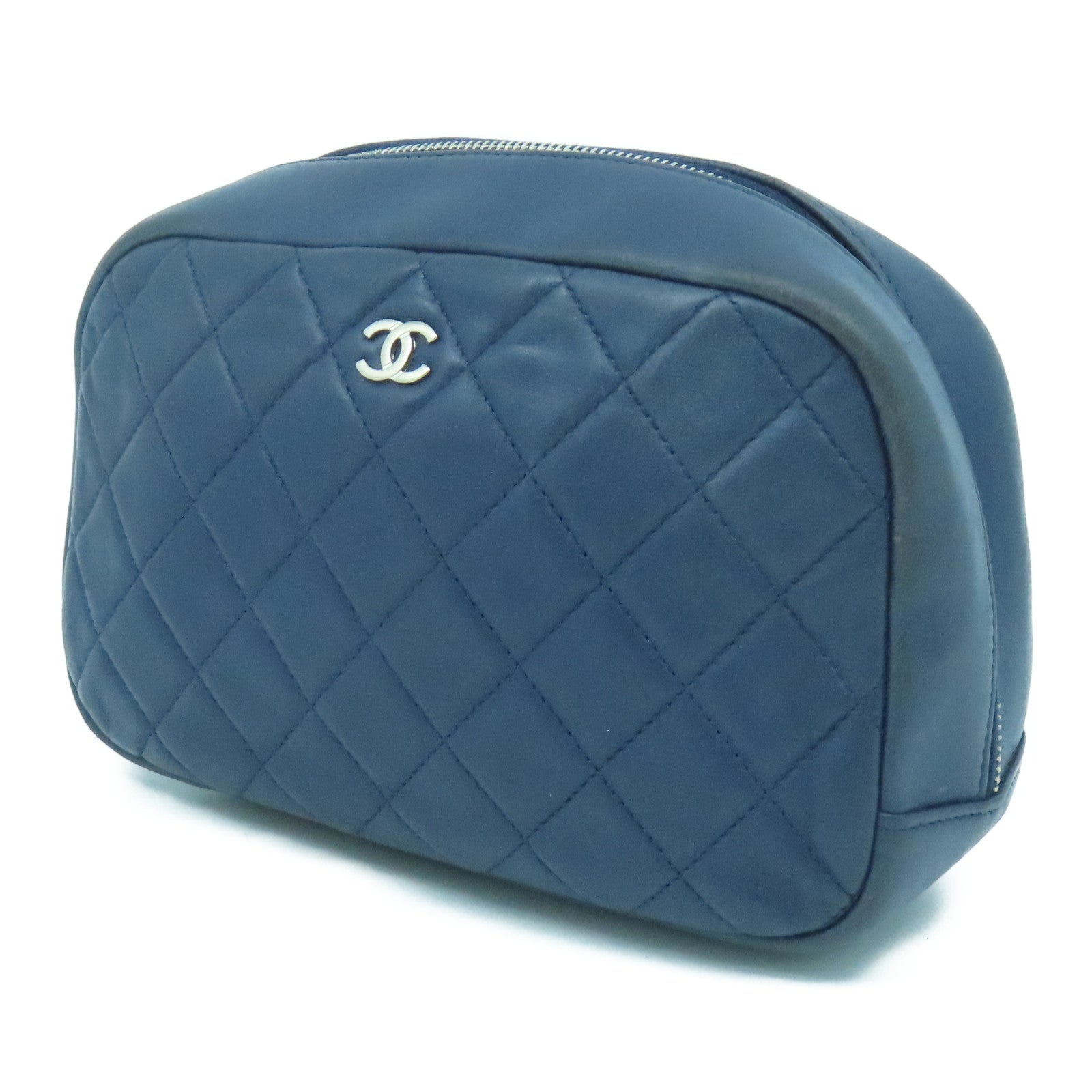 CHANEL 菱格羊皮皮革Pouch銀扣手提包深藍色
