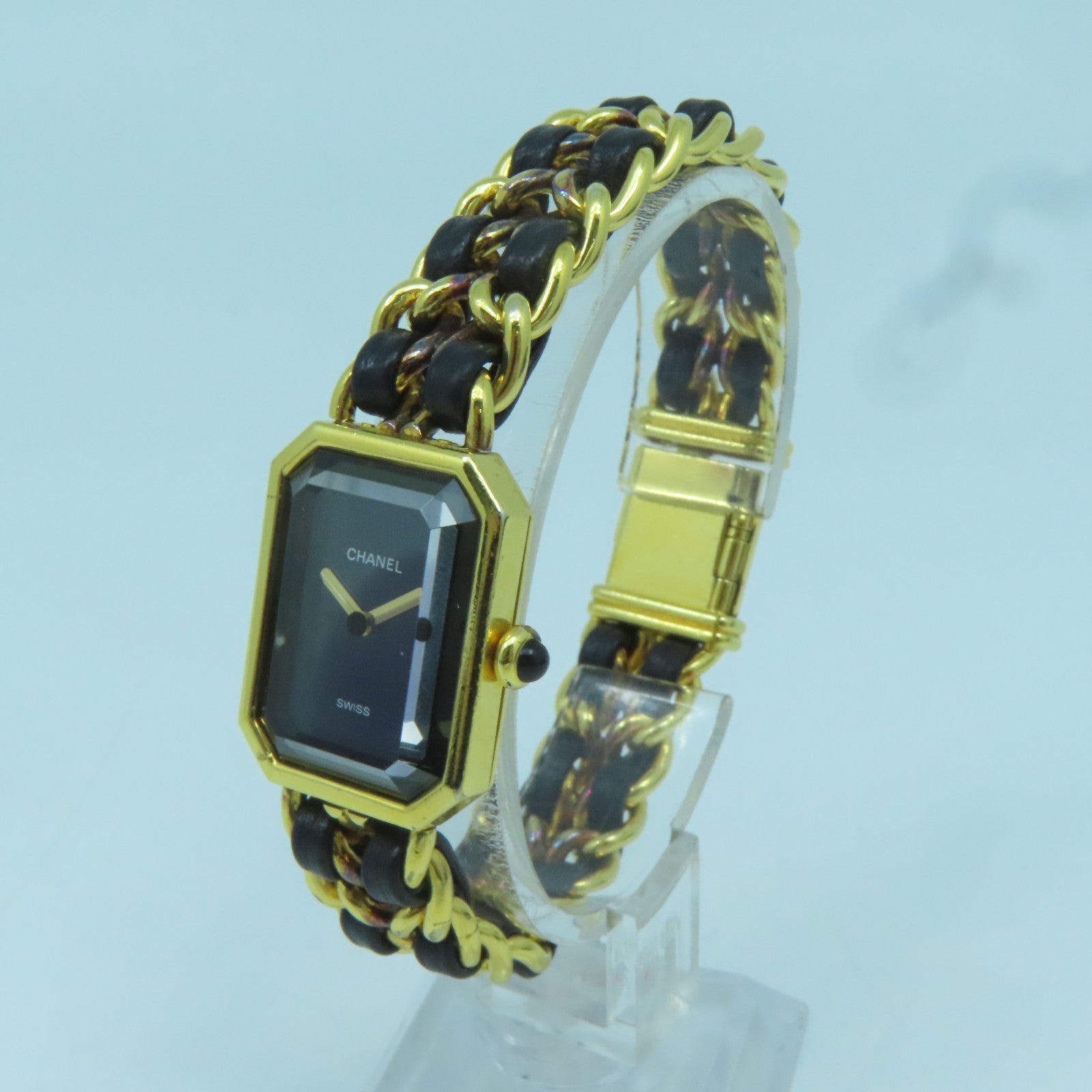 CHANEL 金屬/皮革Premiere L金扣手錶金色/黑色#16cm