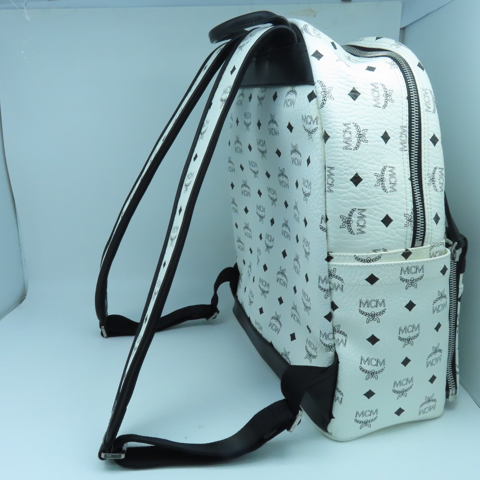 MCM PVC Dual Stark Backpack Silver Buckle Backpack White