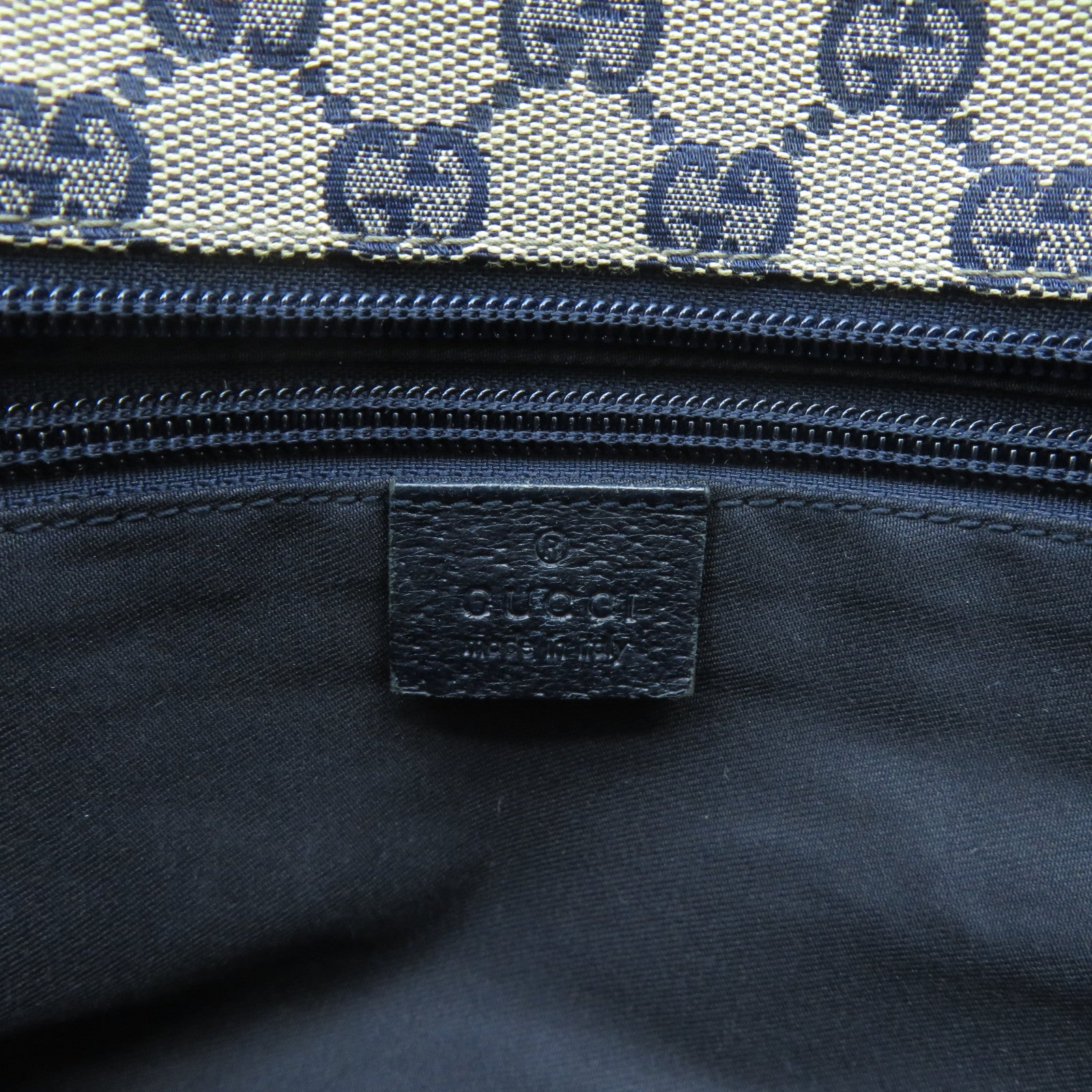 GUCCI 帆布Tote Bag銀扣肩背袋米色/藍色