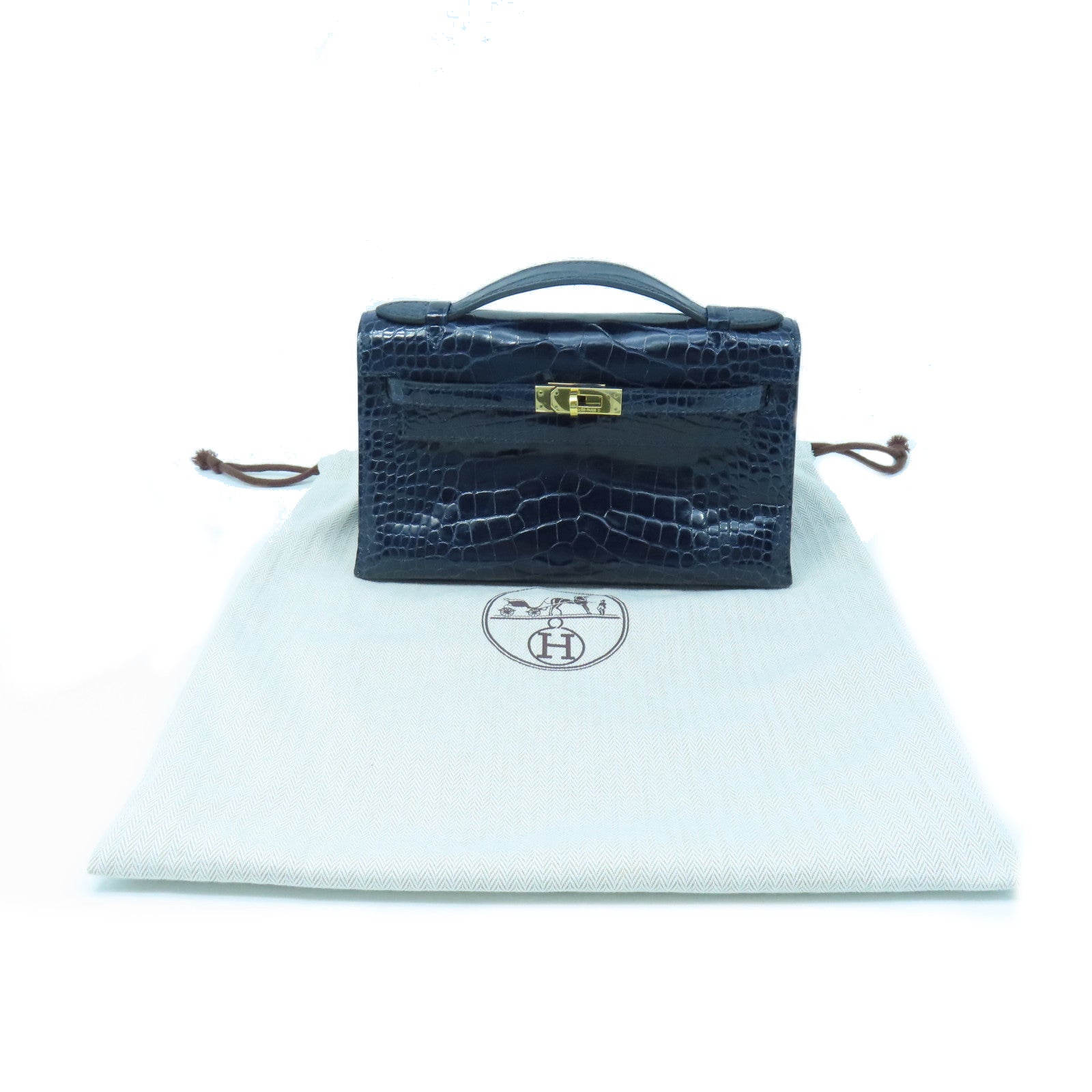 HERMES Crocodile Leather Kelly Pochette Gold Buckle Handle Bag Black