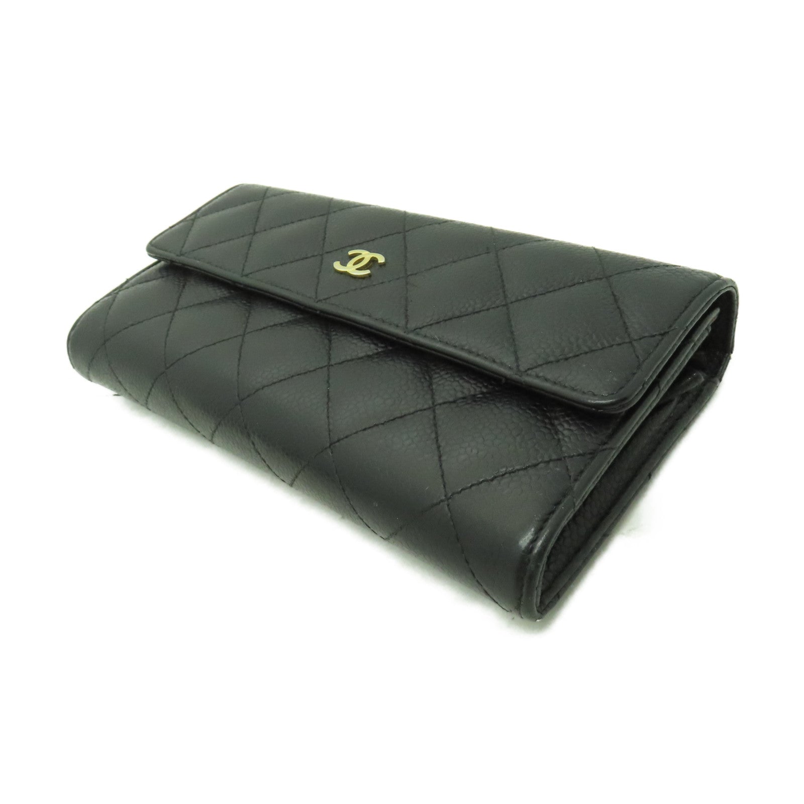 CHANEL 菱格Caviar皮革Long Wallet金扣長錢包黑色