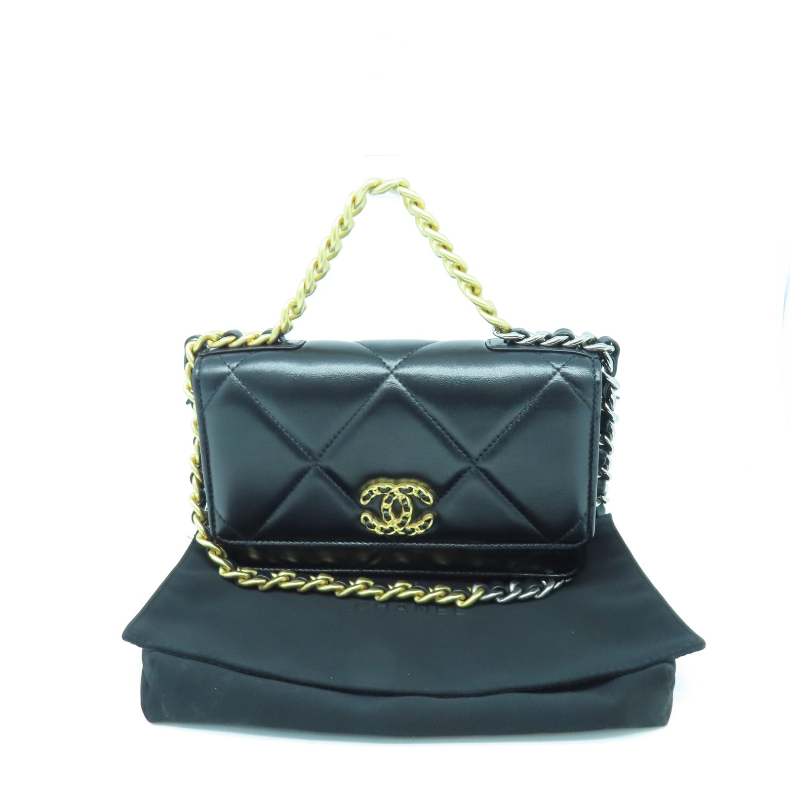 CHANEL 菱格羊皮皮革Chain Shoulder Bag金扣/銀扣鏈帶肩背袋黑色