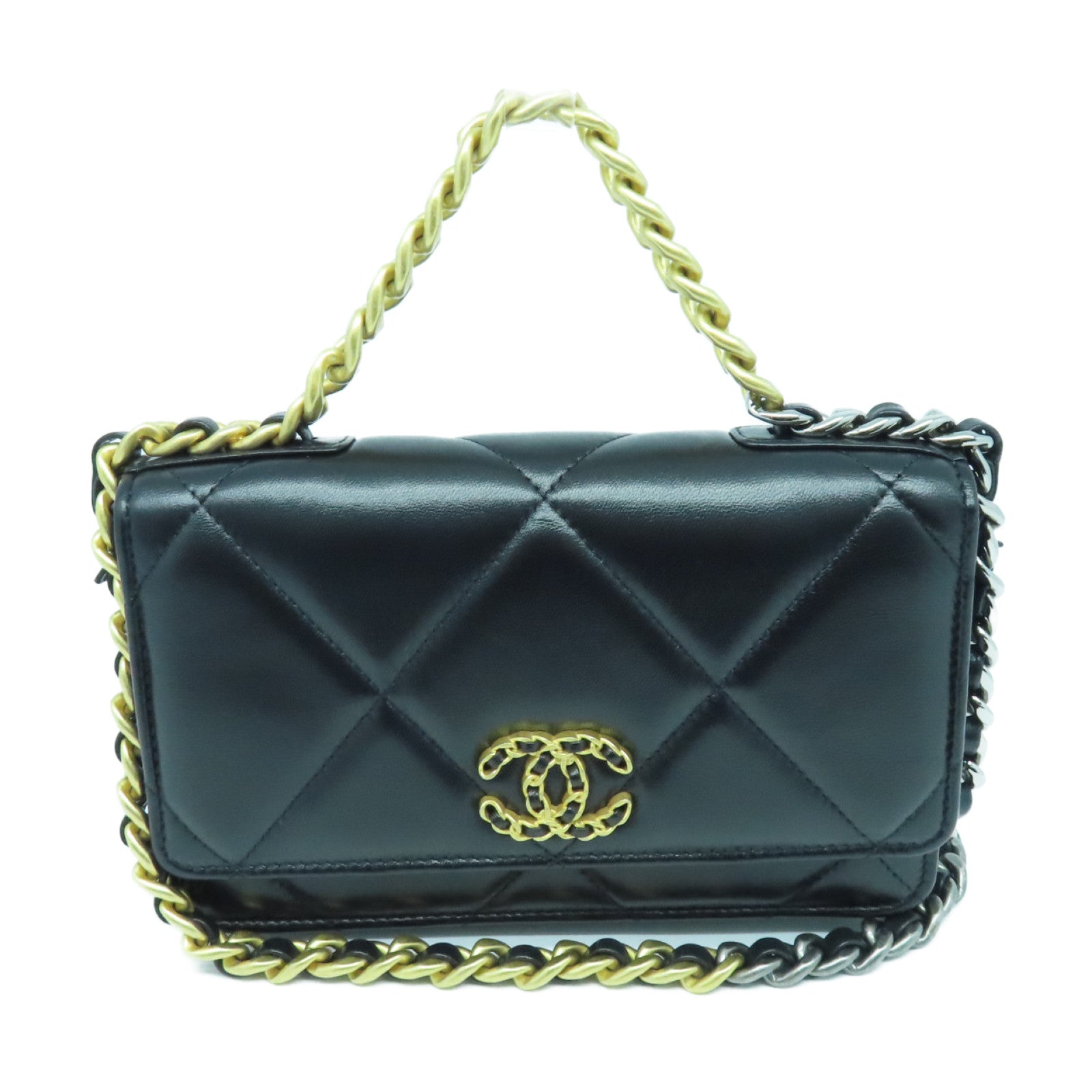 CHANEL 菱格羊皮皮革Chain Shoulder Bag金扣/銀扣鏈帶肩背袋黑色