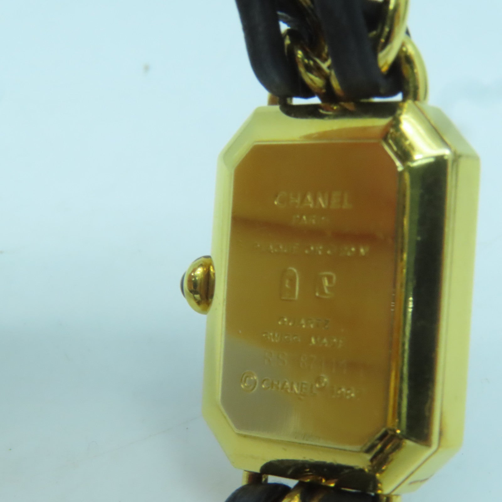 CHANEL 金屬/皮革Premiere L金扣手錶金色/黑色#16cm