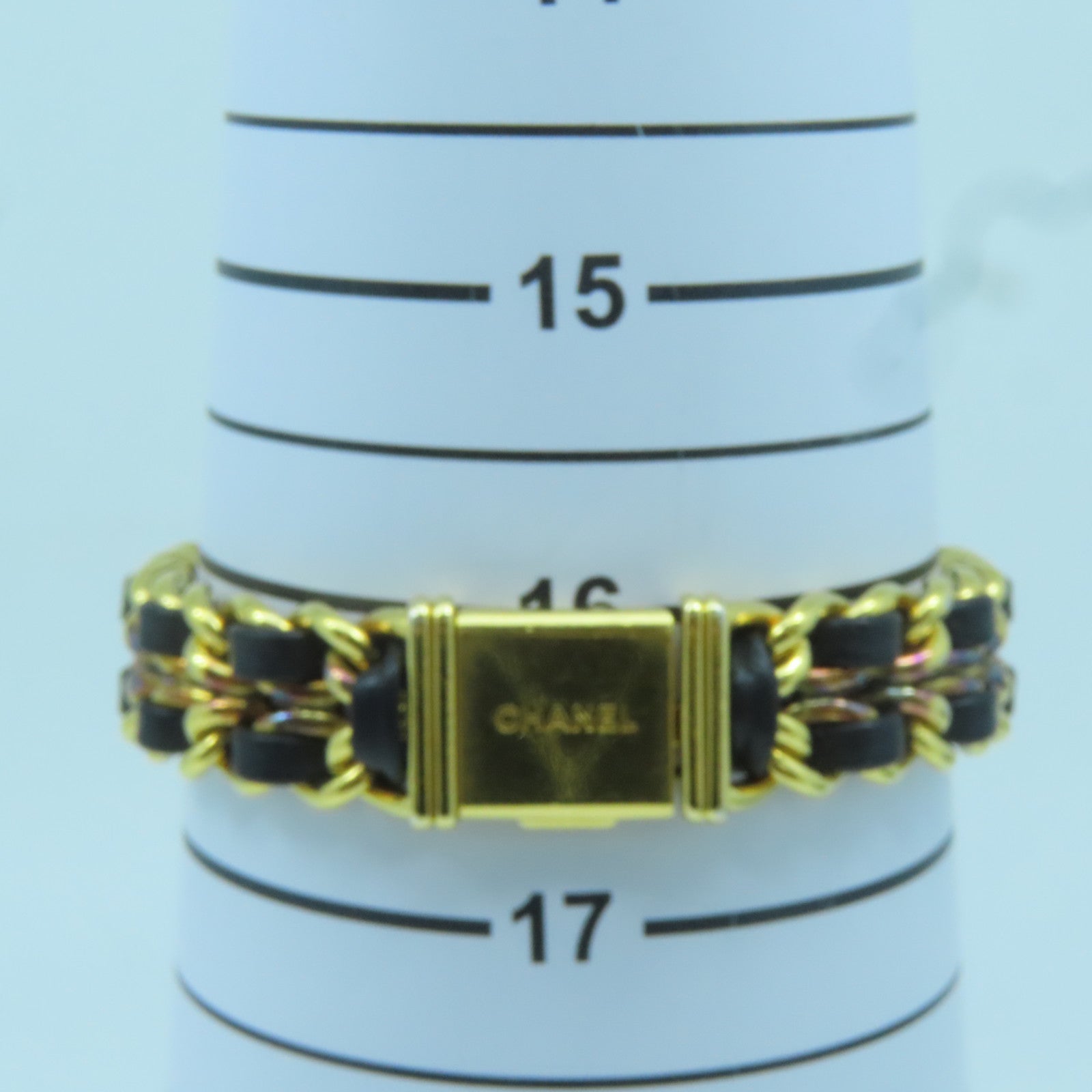 CHANEL 金屬/皮革Premiere L金扣手錶金色/黑色#16cm