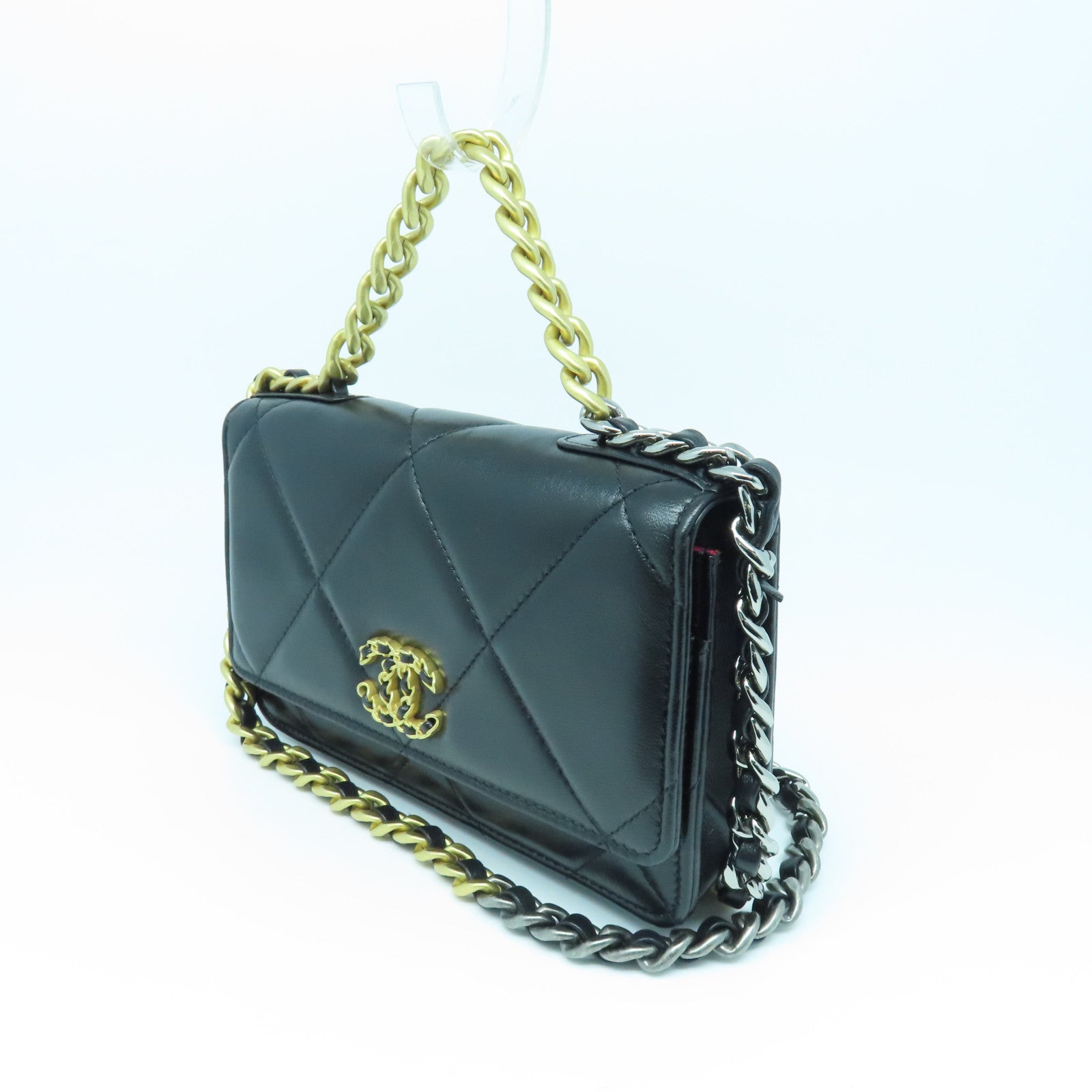CHANEL 菱格羊皮皮革Chain Shoulder Bag金扣/銀扣鏈帶肩背袋黑色