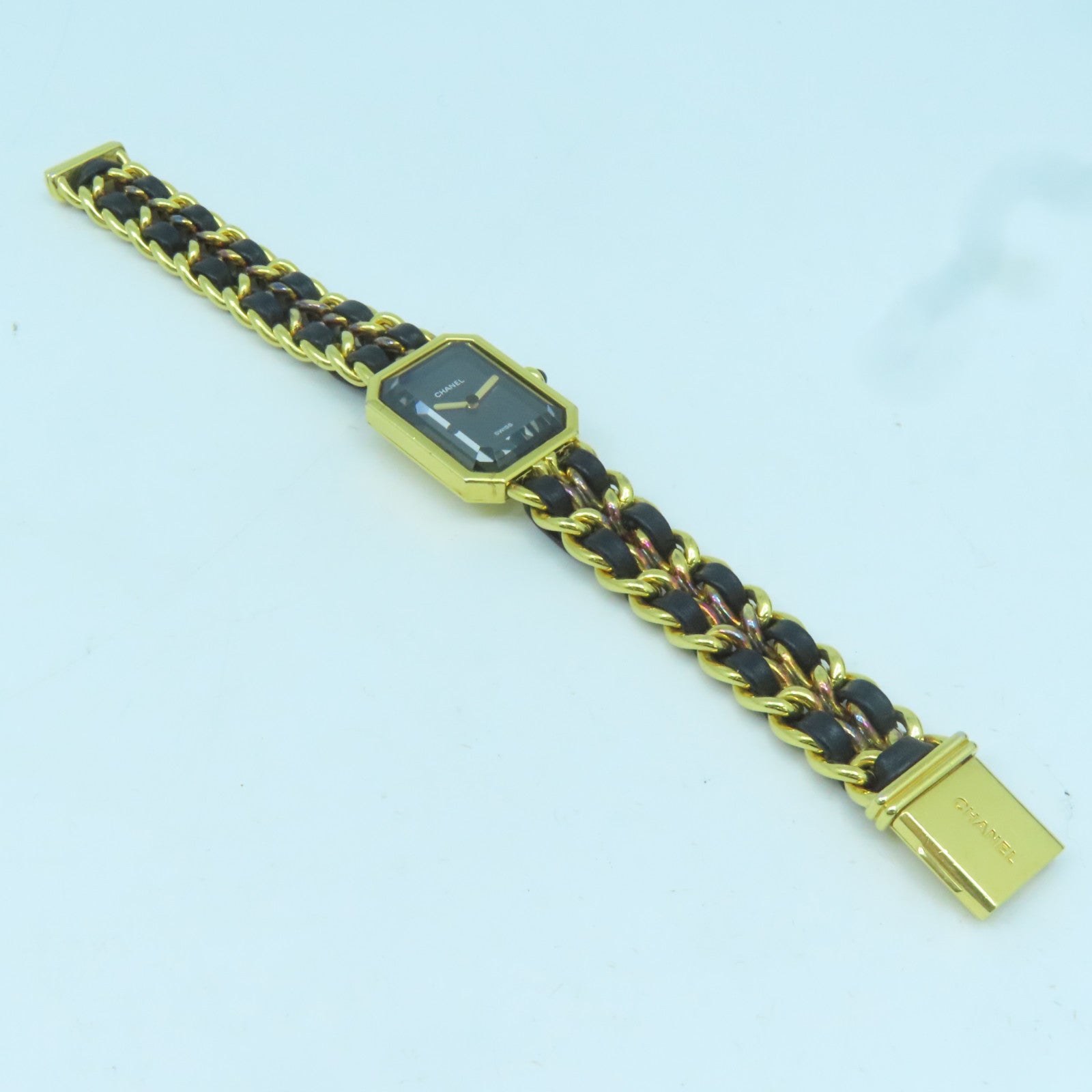 CHANEL 金屬/皮革Premiere L金扣手錶金色/黑色#16cm