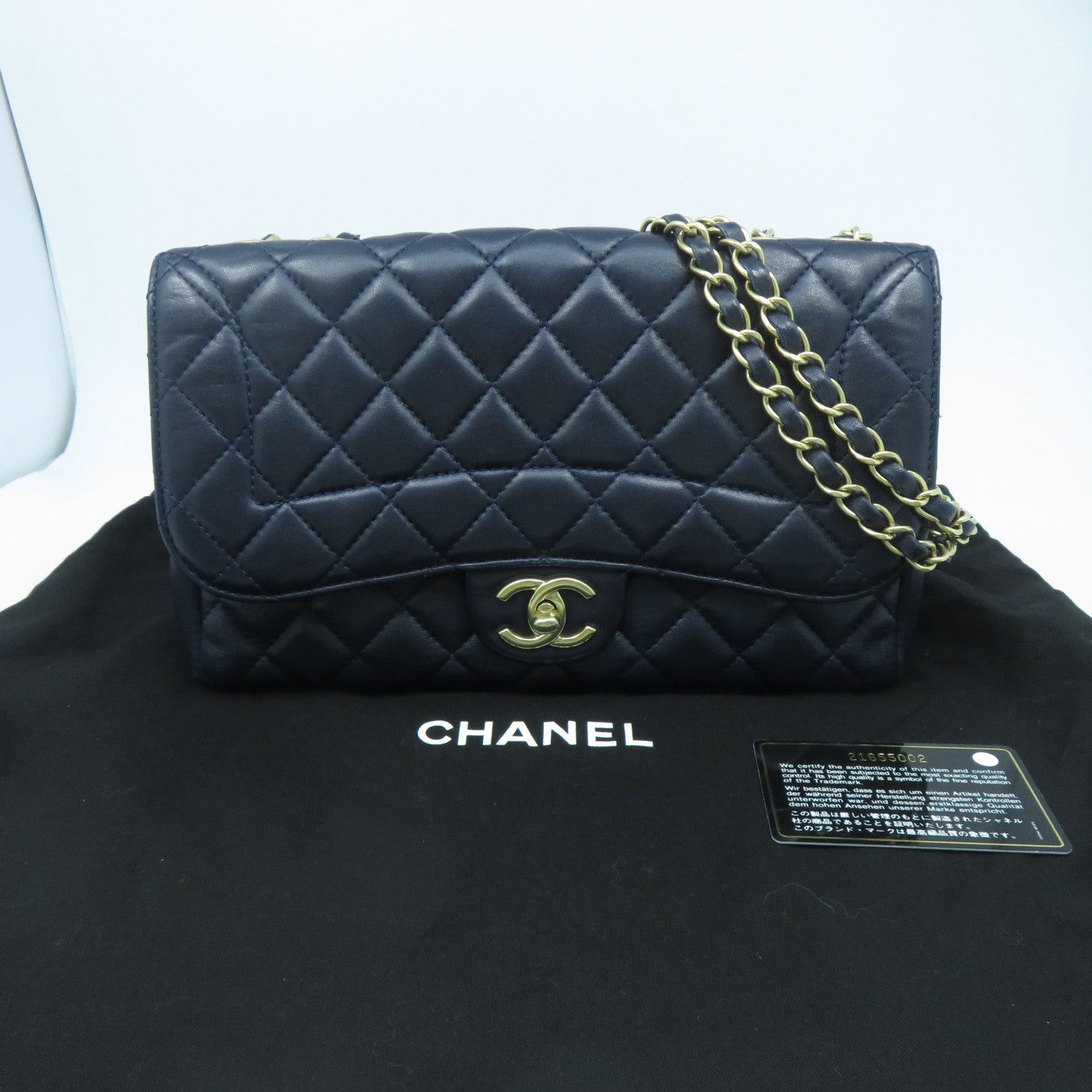CHANEL 菱格羊皮皮革Chain Shoulder Bag金扣鏈帶肩背袋深藍色