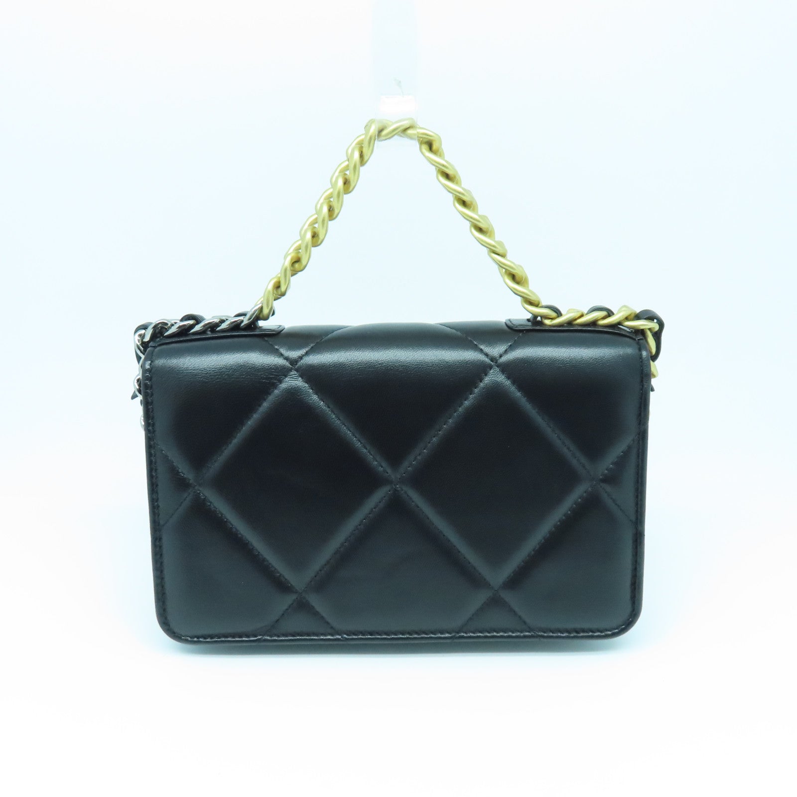 CHANEL 菱格羊皮皮革Chain Shoulder Bag金扣/銀扣鏈帶肩背袋黑色