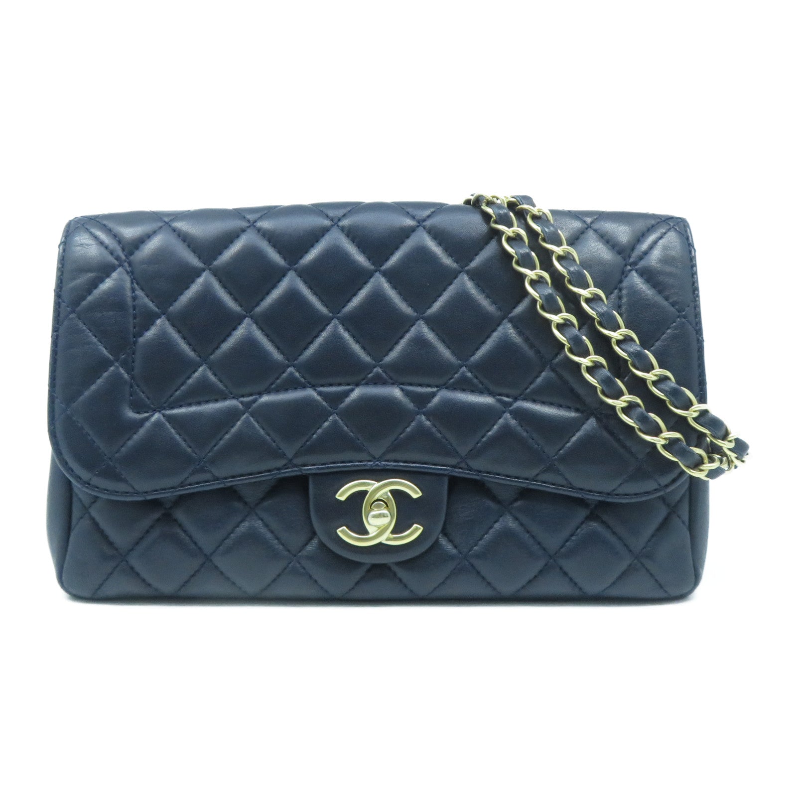 CHANEL 菱格羊皮皮革Chain Shoulder Bag金扣鏈帶肩背袋深藍色