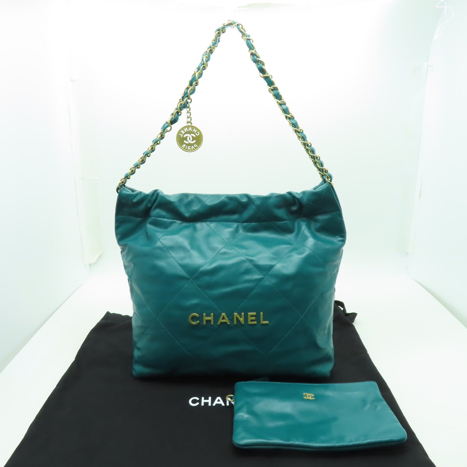 CHANEL 菱格牛皮皮革Chanel 22金扣鏈帶肩背袋綠色
