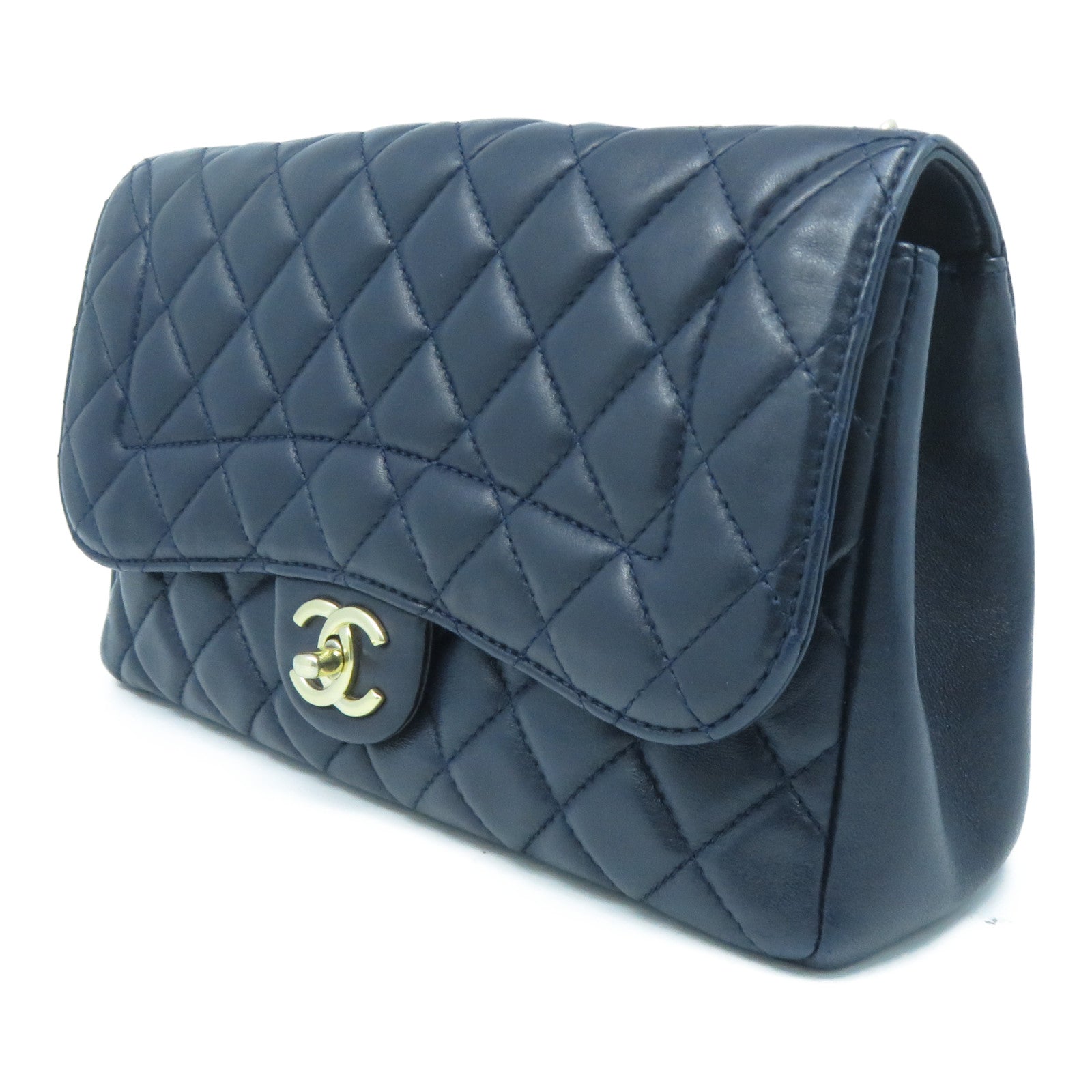 CHANEL 菱格羊皮皮革Chain Shoulder Bag金扣鏈帶肩背袋深藍色