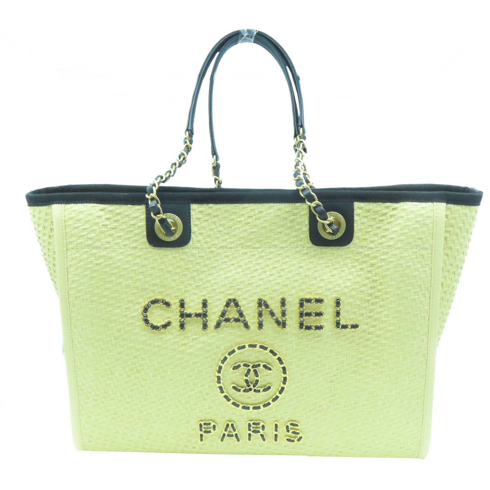 CHANEL 藤料Deauville Tote金扣手挽袋黑色/淺褐色