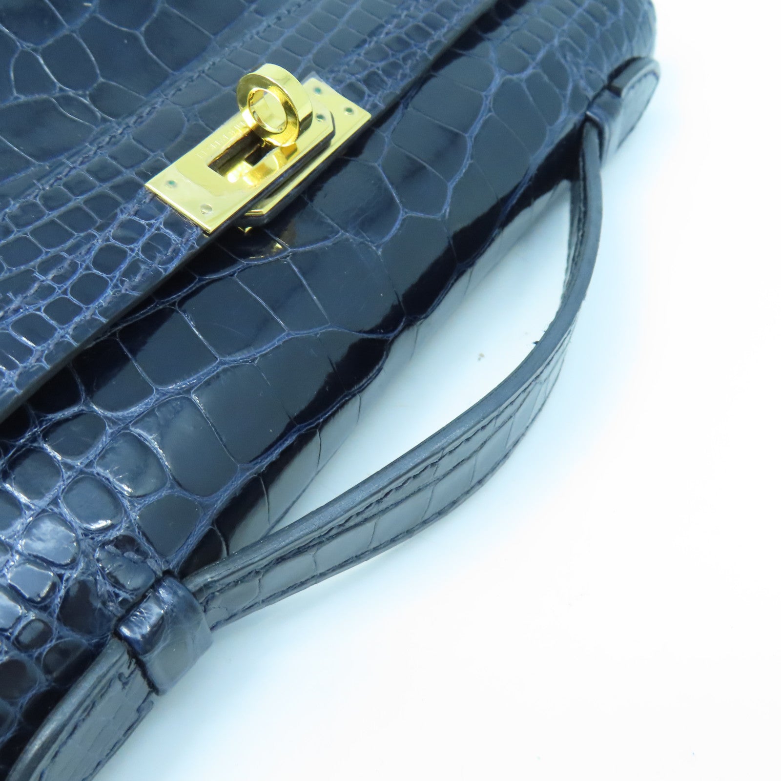 HERMES Crocodile Leather Kelly Pochette Gold Buckle Handle Bag Black