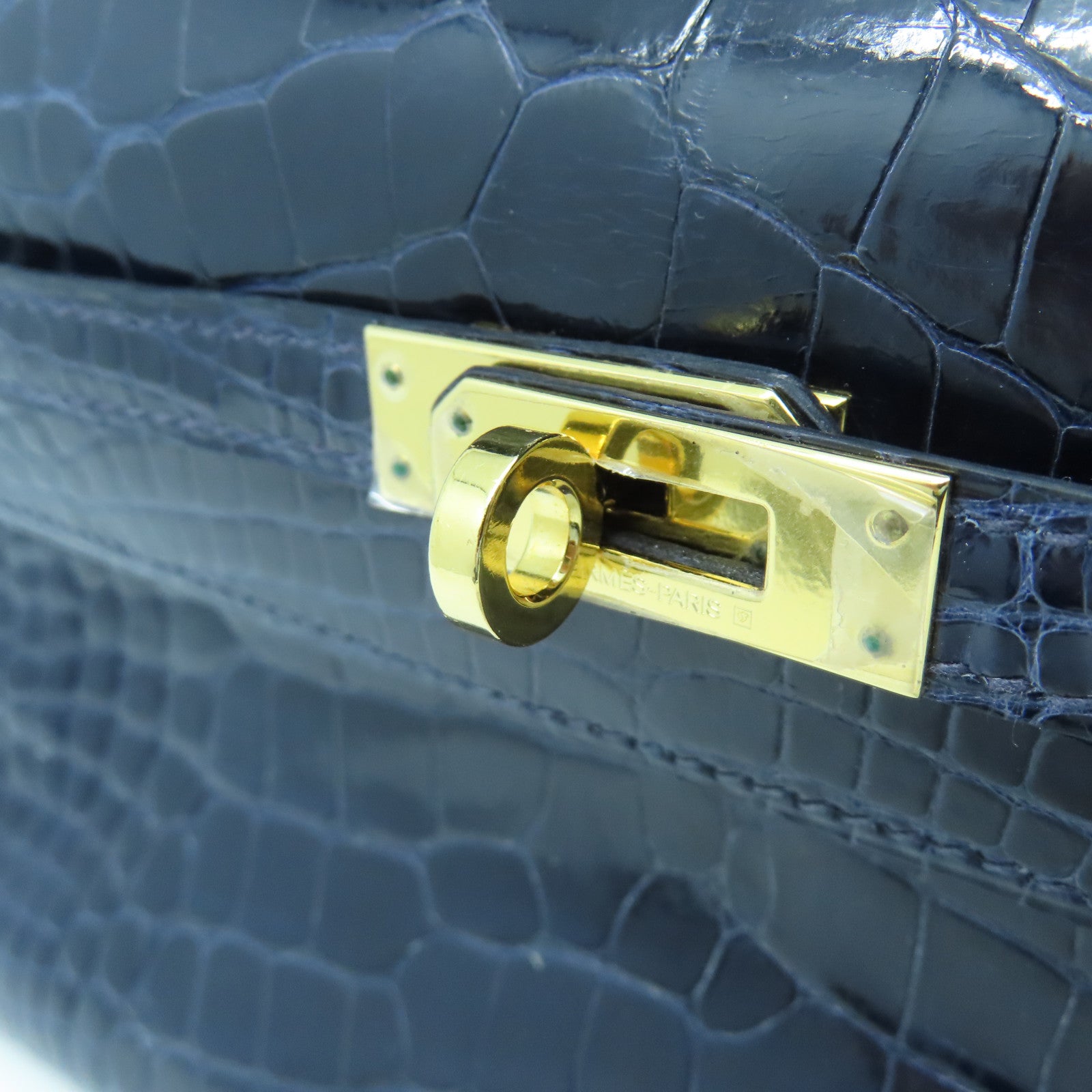 HERMES Crocodile Leather Kelly Pochette Gold Buckle Handle Bag Black